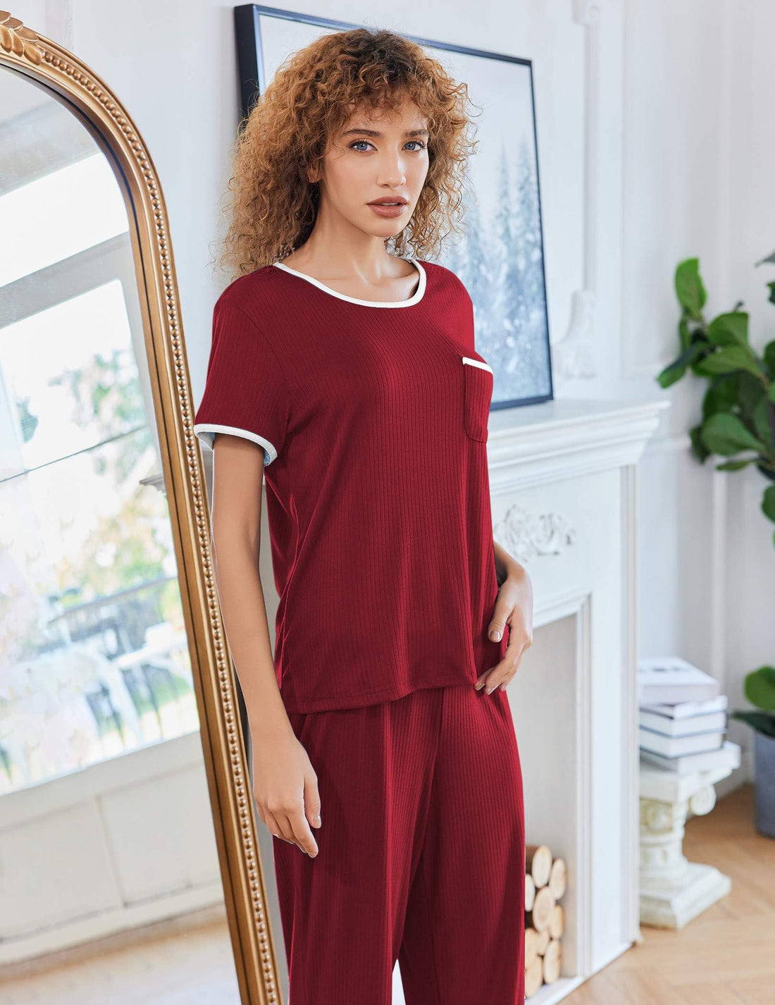 Ekouaer Women Lounge Pajamas Sets Ribbed Knit PJ Short Sleeve and Long Pajama Pant Soft 2 Piece Sleepwear Loungwear Set