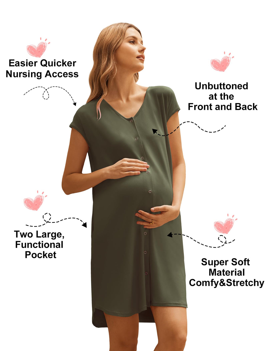 Ekouaer Labor and Delivery Gown for Hospital Birthing Gown Nursing Dress | Open Back Birthing Gown, Maternity Nursing Pajamas Dress Breastfeeding, Button C Section Postpartum Clothes