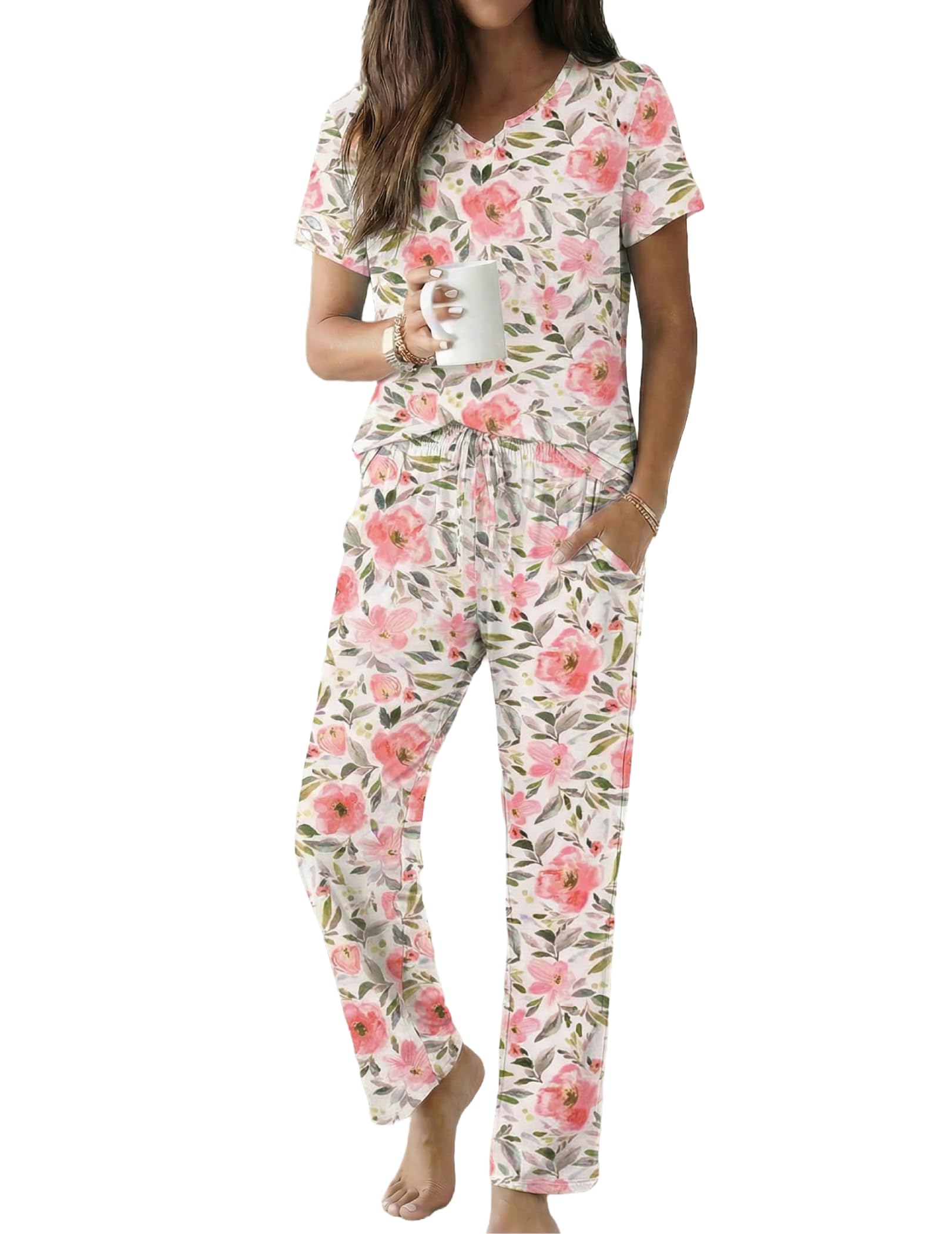 Ekouaer 2 Piece Womens Pajamas Short Sleeve Top and Long Pants Pjs Set Printed Sleepwear with Pocket WEBE CLOTHING