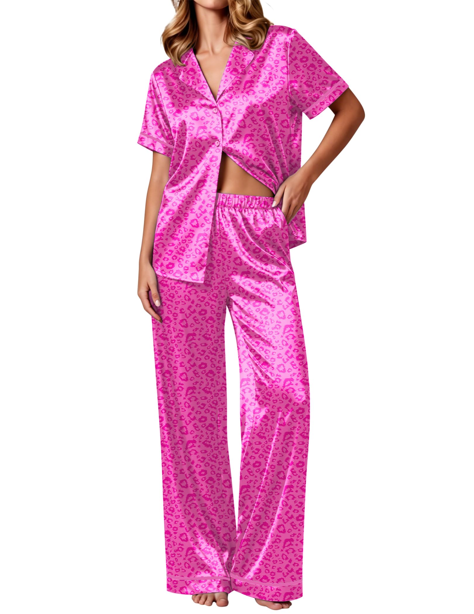 Ekouaer Women's Silk Pajamas Set Short Sleeve Satin Pjs 2 Piece Soft Loungewear with Pants Button Down Sleepwear