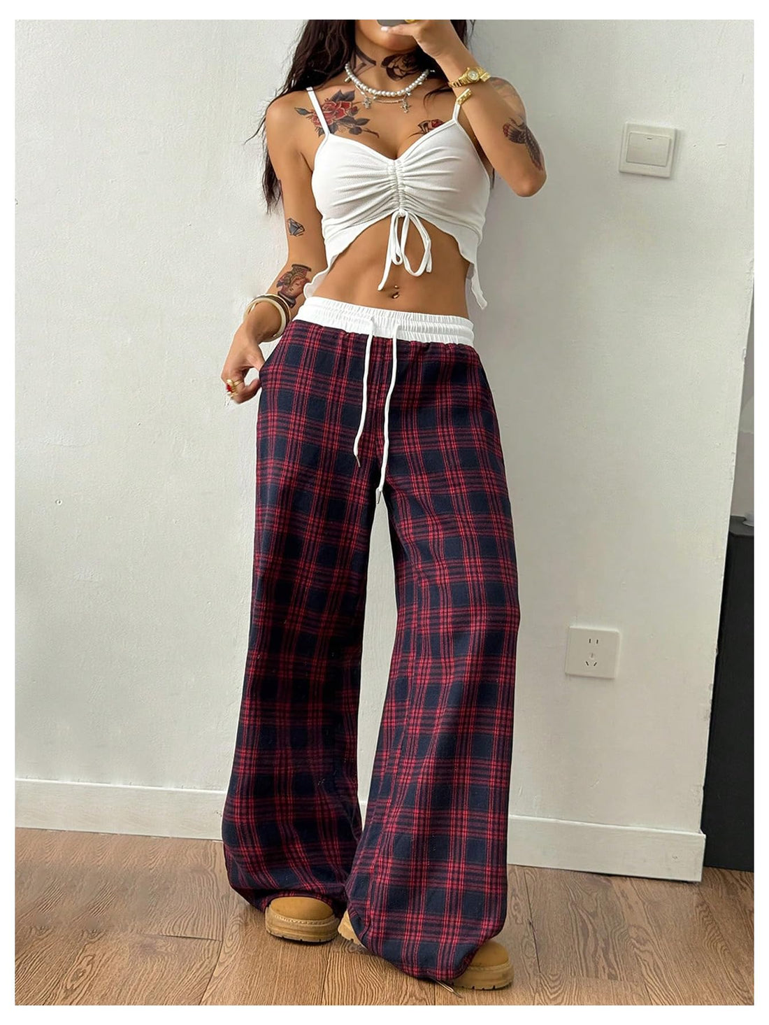 SOLY HUX Women's Plaid Checkered Pants Flannel Pajama Pants Lounge Wide Leg Baggy Sweatpants with Pockets