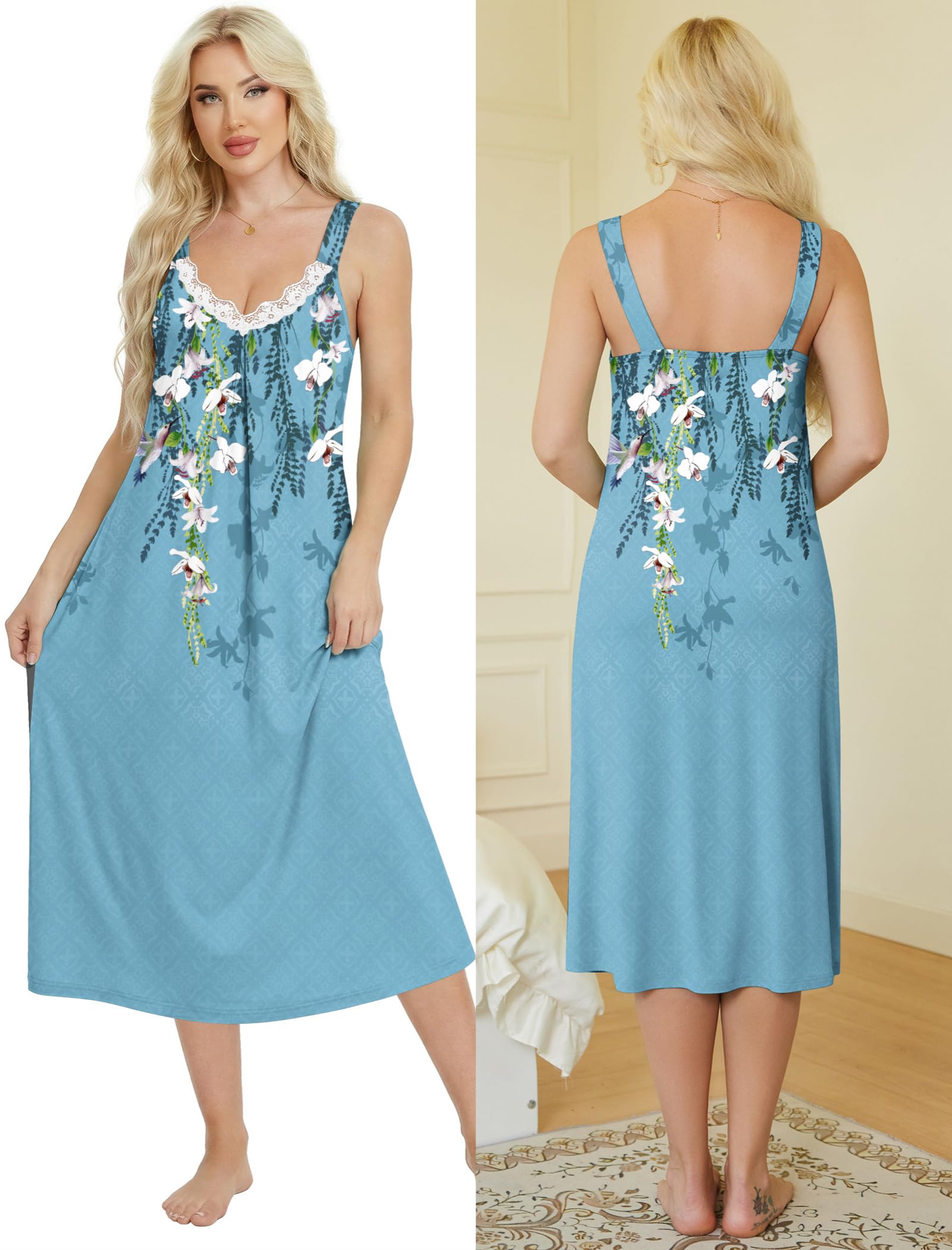 Ekouaer Sleeveless Nightgowns for Women Lace V-neck Long Nightdress Wide Strap Sleepwear Soft Lounge Dresses WEBE CLOTHING