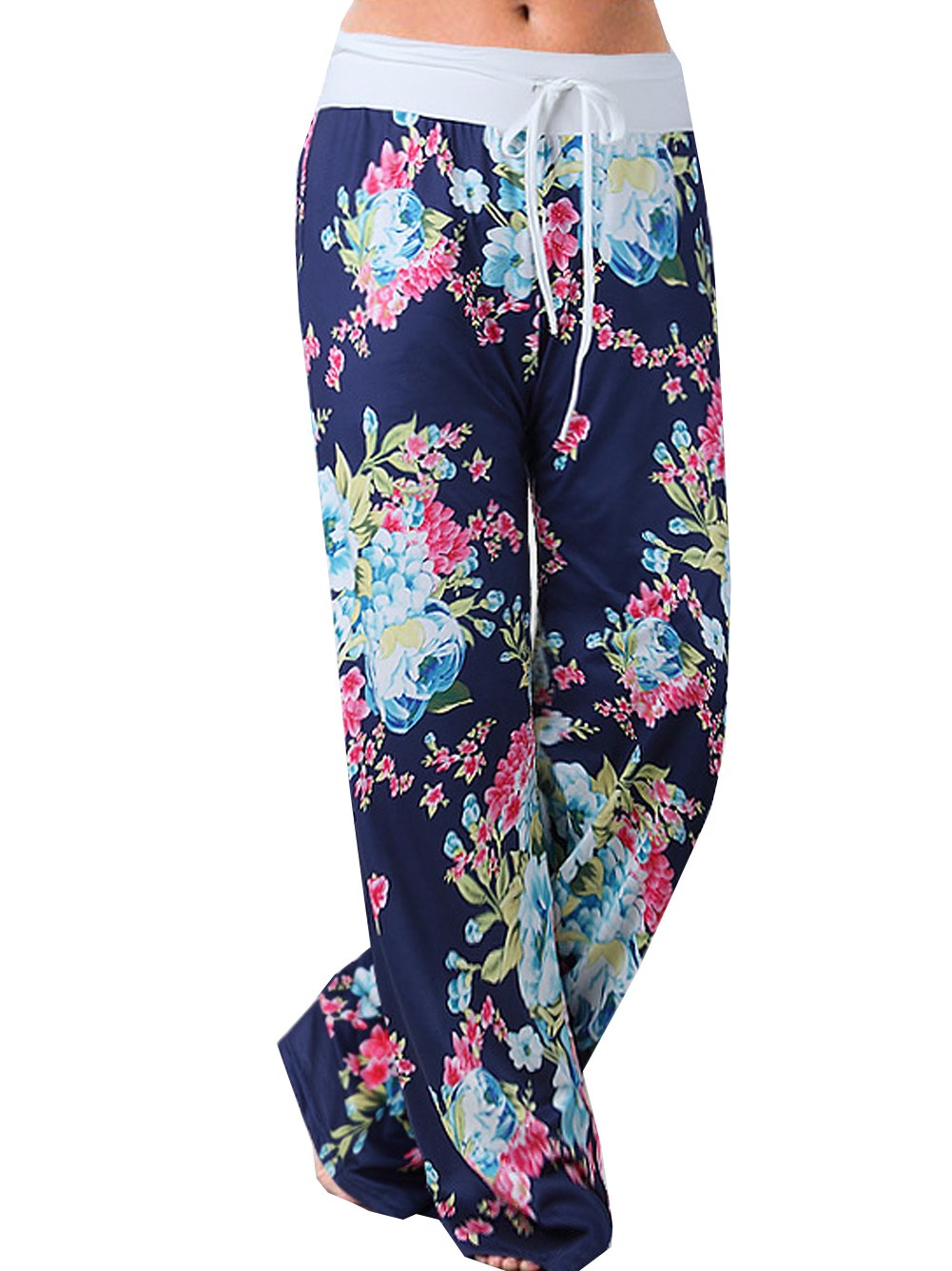 iChunhua Women's Comfy Stretch Floral Print Drawstring Palazzo Wide Leg Lounge Pant