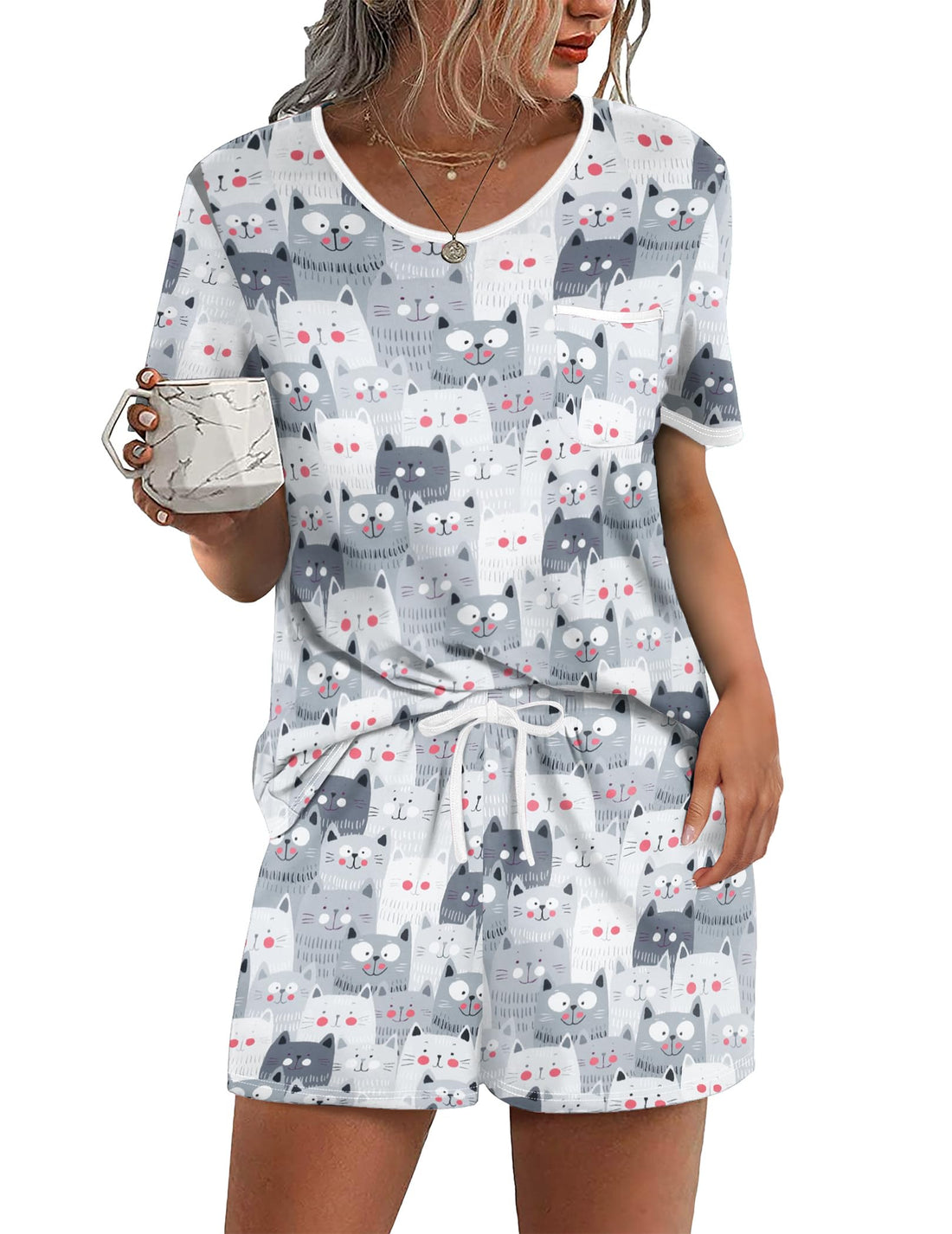 Ekouaer Pajama Set for Women 2 Piece Lounge Set Short Sleeve Tops and Shorts Soft Sleepwear, Chest Pocket