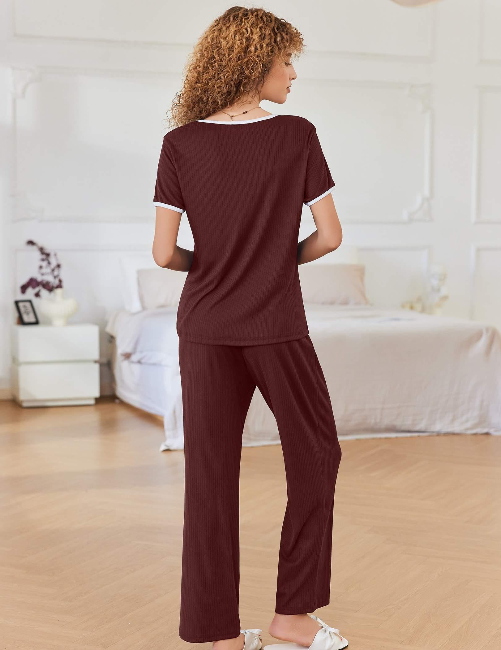 Ekouaer Women Lounge Pajamas Sets Ribbed Knit PJ Short Sleeve and Long Pajama Pant Soft 2 Piece Sleepwear Loungwear Set