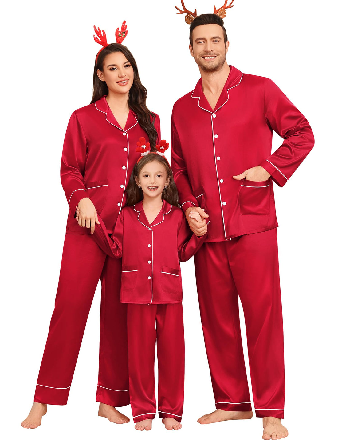 SWOMOG Matching Family Pajamas Set Women & Men & Kids Silk Satin Pjs 2 Pcs Long Sleeve Button Down Sleepwear with 2 Pockets