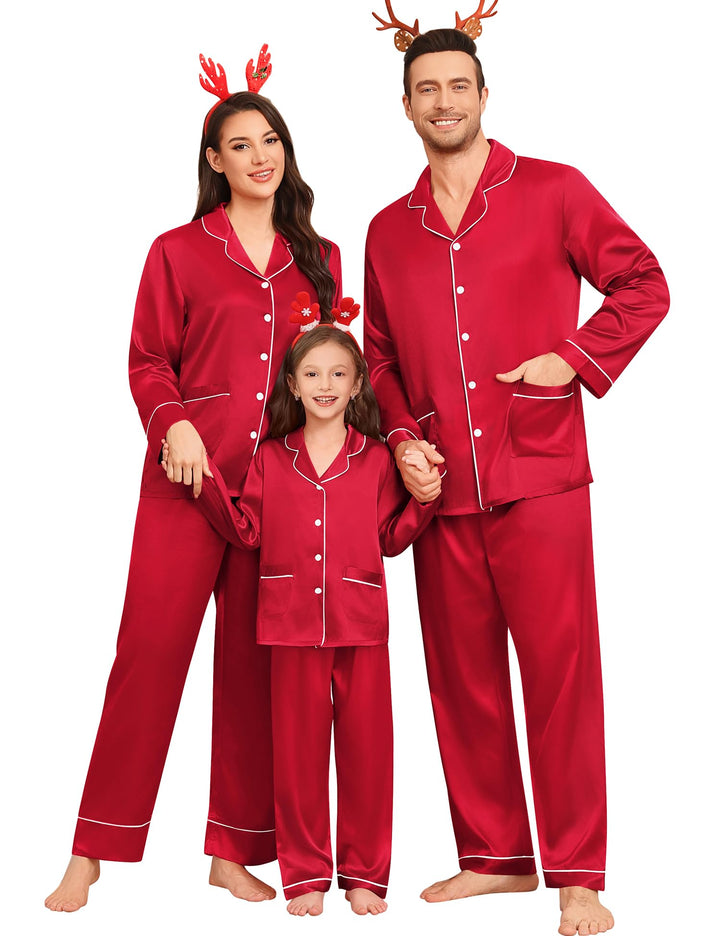 SWOMOG Matching Family Pajamas Set Women & Men & Kids Silk Satin Pjs 2 Pcs Long Sleeve Button Down Sleepwear with 2 Pockets