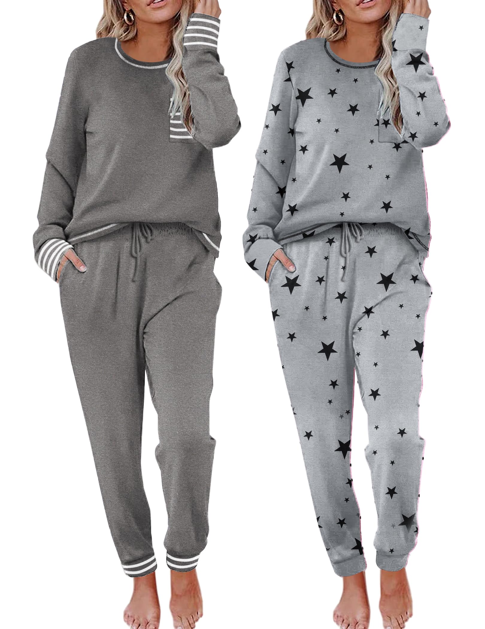 Ekouaer 2 Pack Womens Pajama Sets Long Sleeve Lounge Sets Soft Pj Sleepwear Loungewear