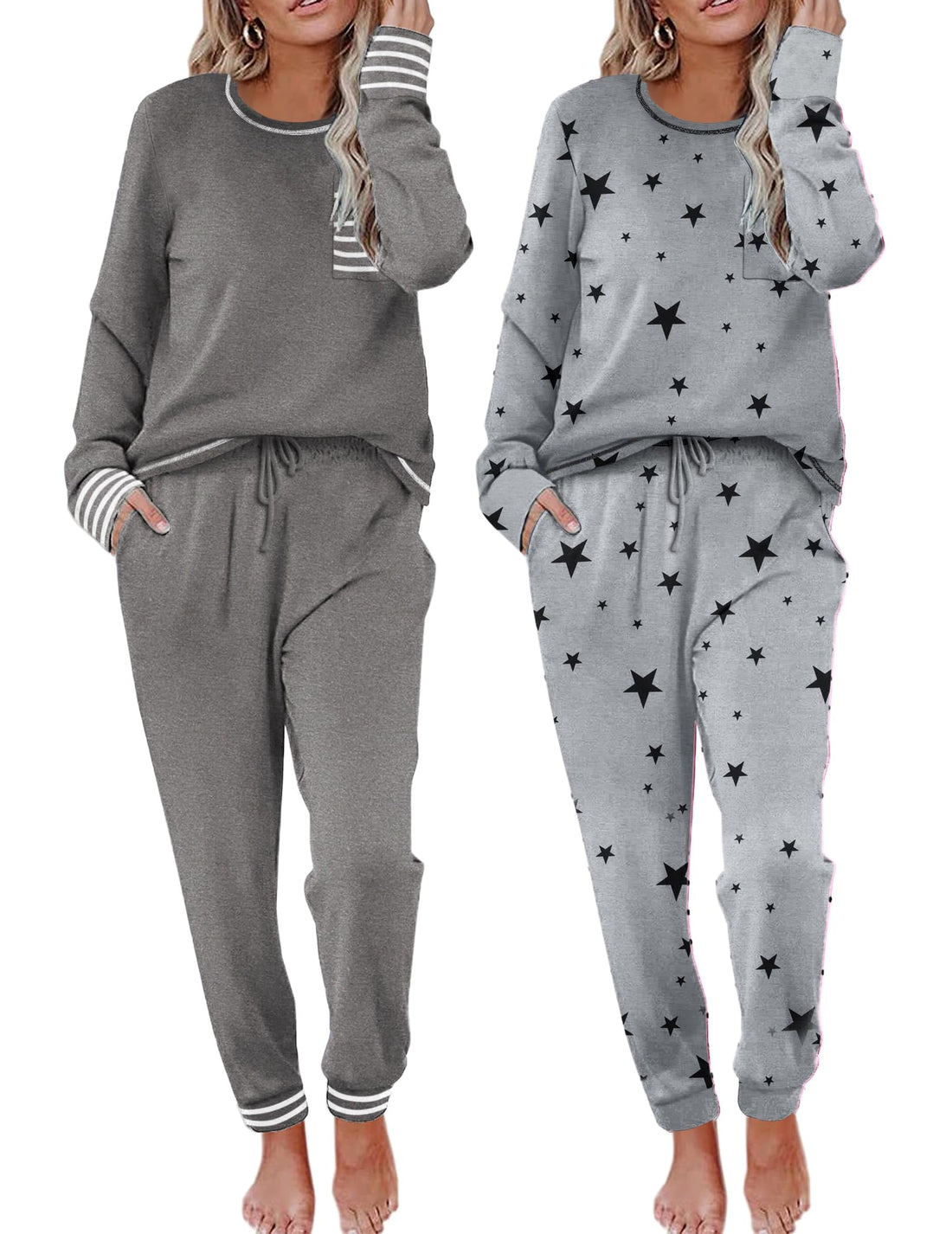 Ekouaer 2 Pack Womens Pajama Sets Long Sleeve Lounge Sets Soft Pj Sleepwear Loungewear
