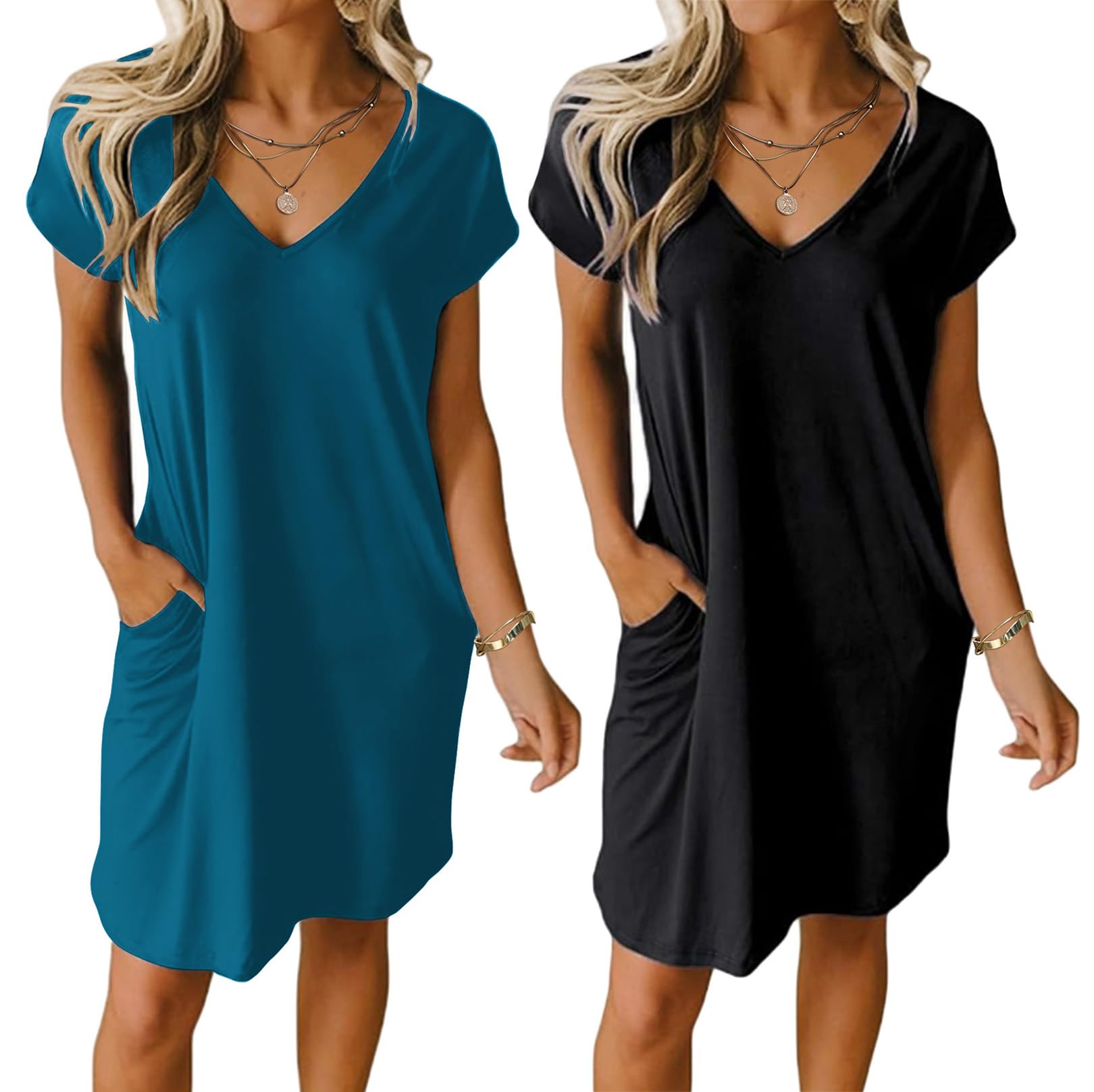 Ekouaer Womens 2 Pack Nightgown V Neck Sleepshirt Short Sleeve Nightshirt Plain/Floral Pajama Dress with Pockets