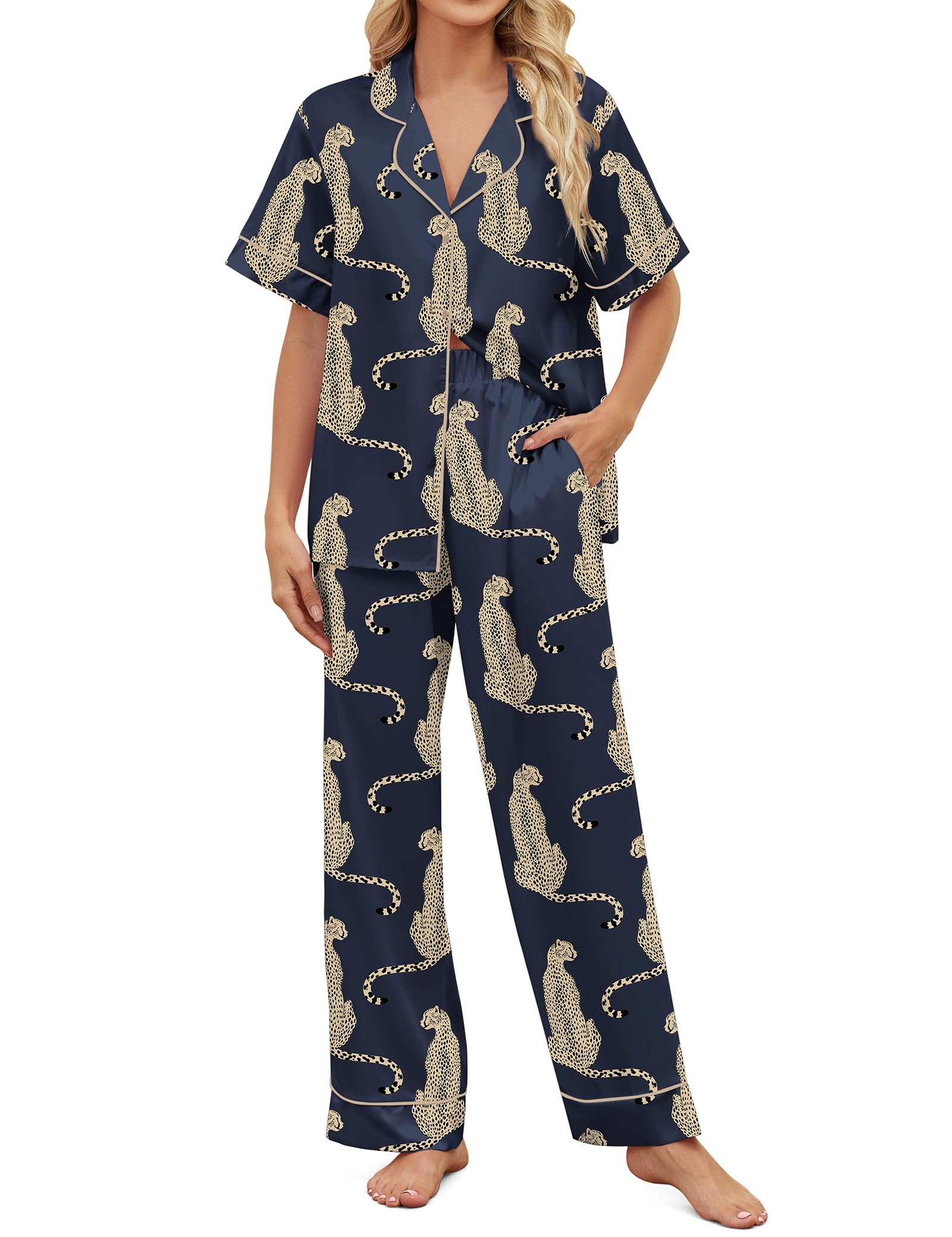 SHESHOW Satin Pajamas for Women Set Button Down Sleepwear Print Pjs Set 2 Piece Short Sleeve Long Loungewear Size XS-XXL WEBE CLOTHING