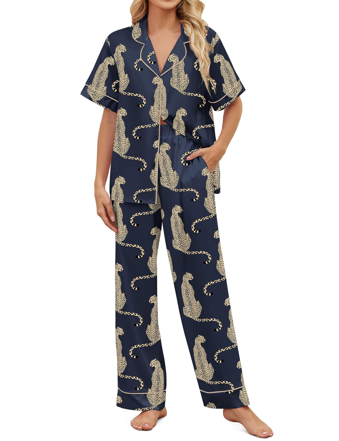 SHESHOW Satin Pajamas for Women Set Button Down Sleepwear Print Pjs Set 2 Piece Short Sleeve Long Loungewear Size XS-XXL WEBE CLOTHING