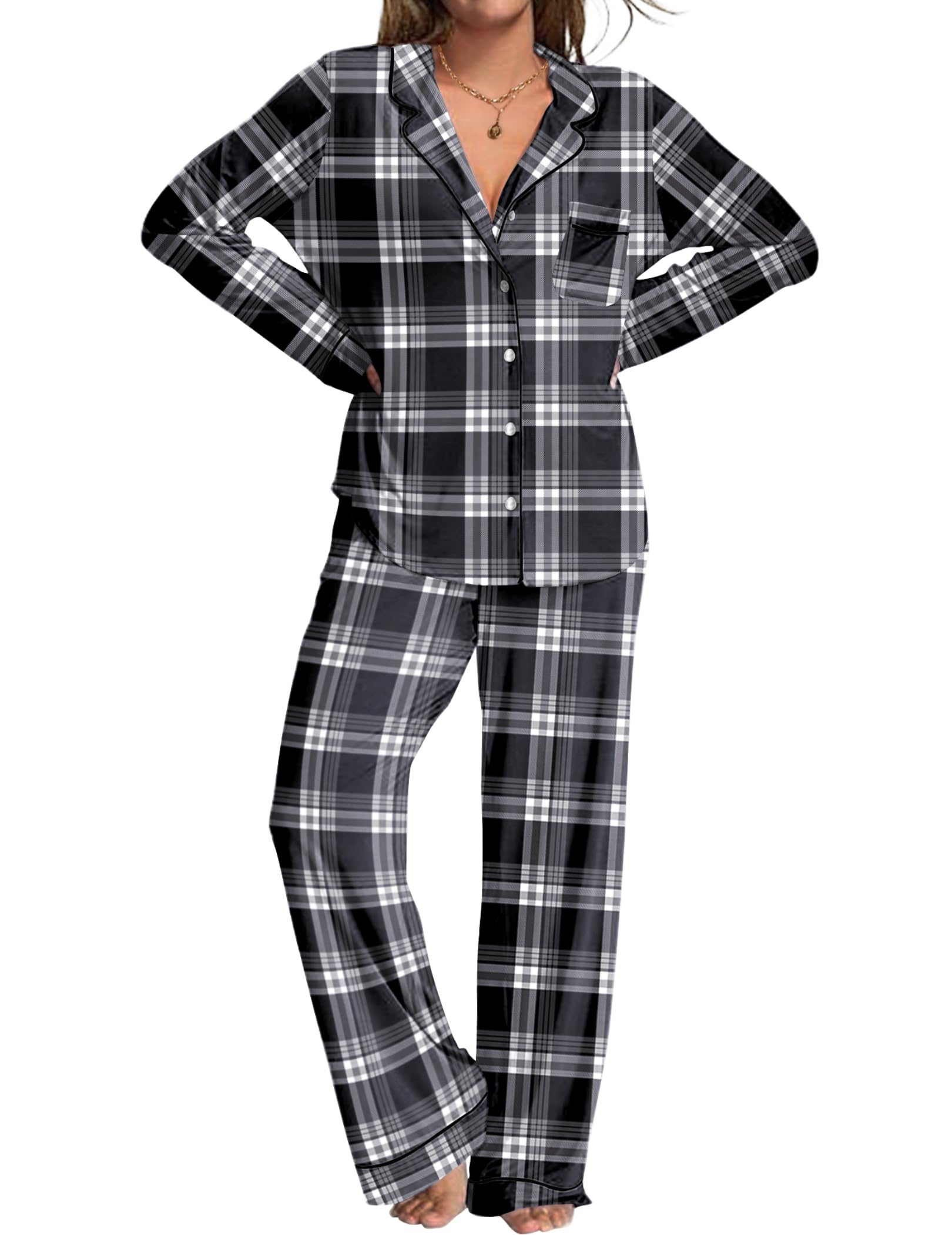 Ekouaer Womens Pajamas Set 2 Piece Button Down Pjs Soft Long Sleeve Top and Pants Sleepwear Set Lounge Sets