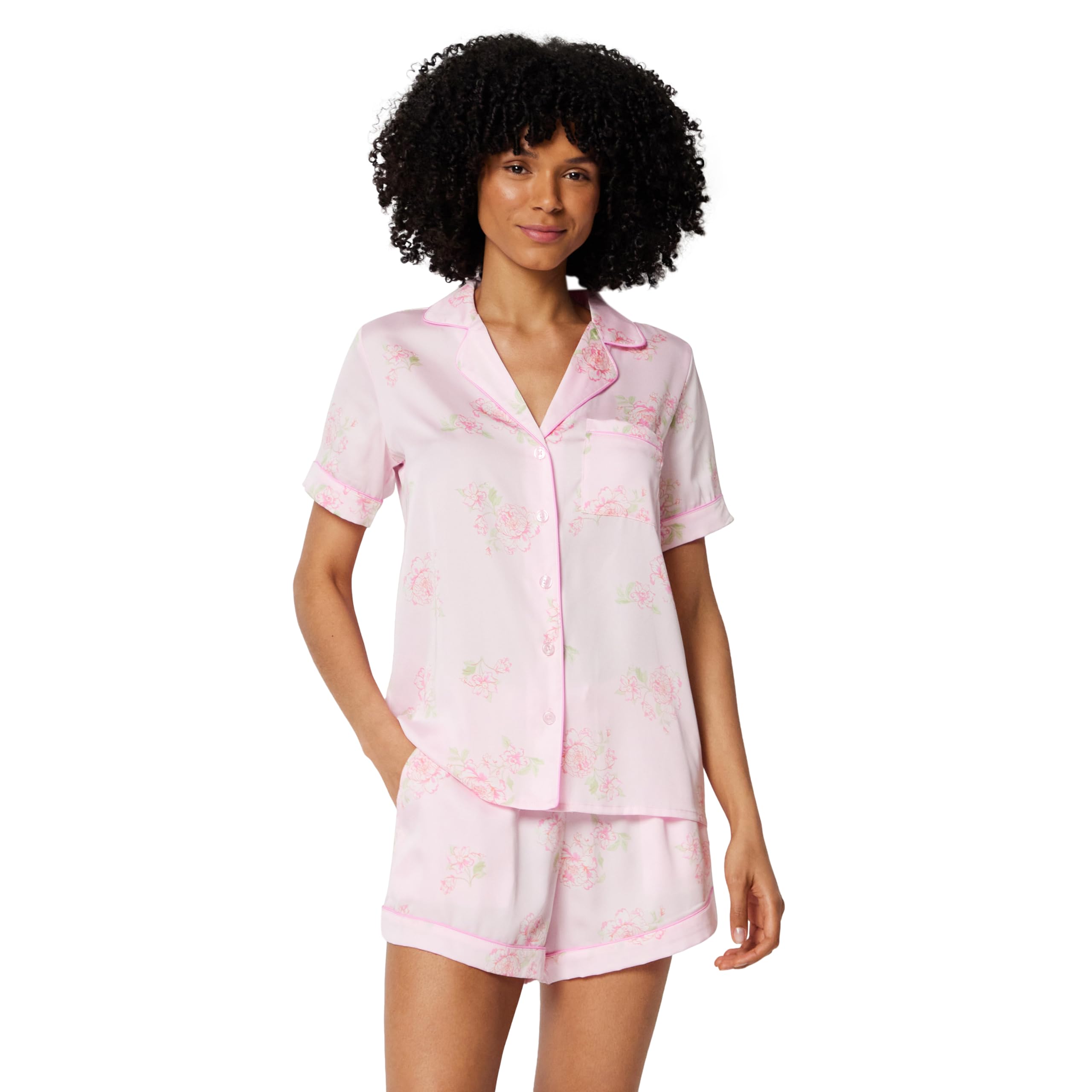 Amazon Essentials Women's Satin Short Sleeve Button-Down Top and Short Sleepwear Pajama Set