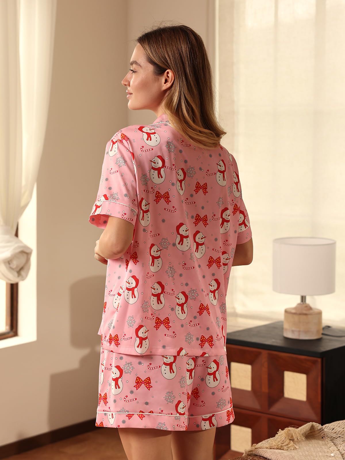 Christmas Pajamas Shorts Silk Pjs Women Satin Pajama Cute Print Tee and Shorts Gift Sleepwear 2 Pieces Loungewear