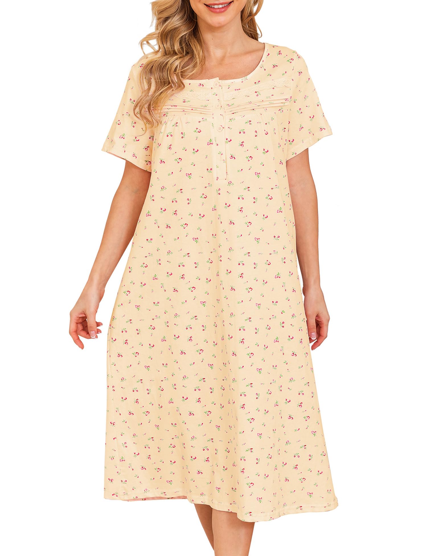 Bloggerlove Nightgowns for Women 100% Cotton Soft House Dress | 100 Full Cotton, Button Neck, Knee Length, Lace Trim Floral, Breathable, Skin-frieend, Loose Fit, Comfy Sleepwear WEBE CLOTHING