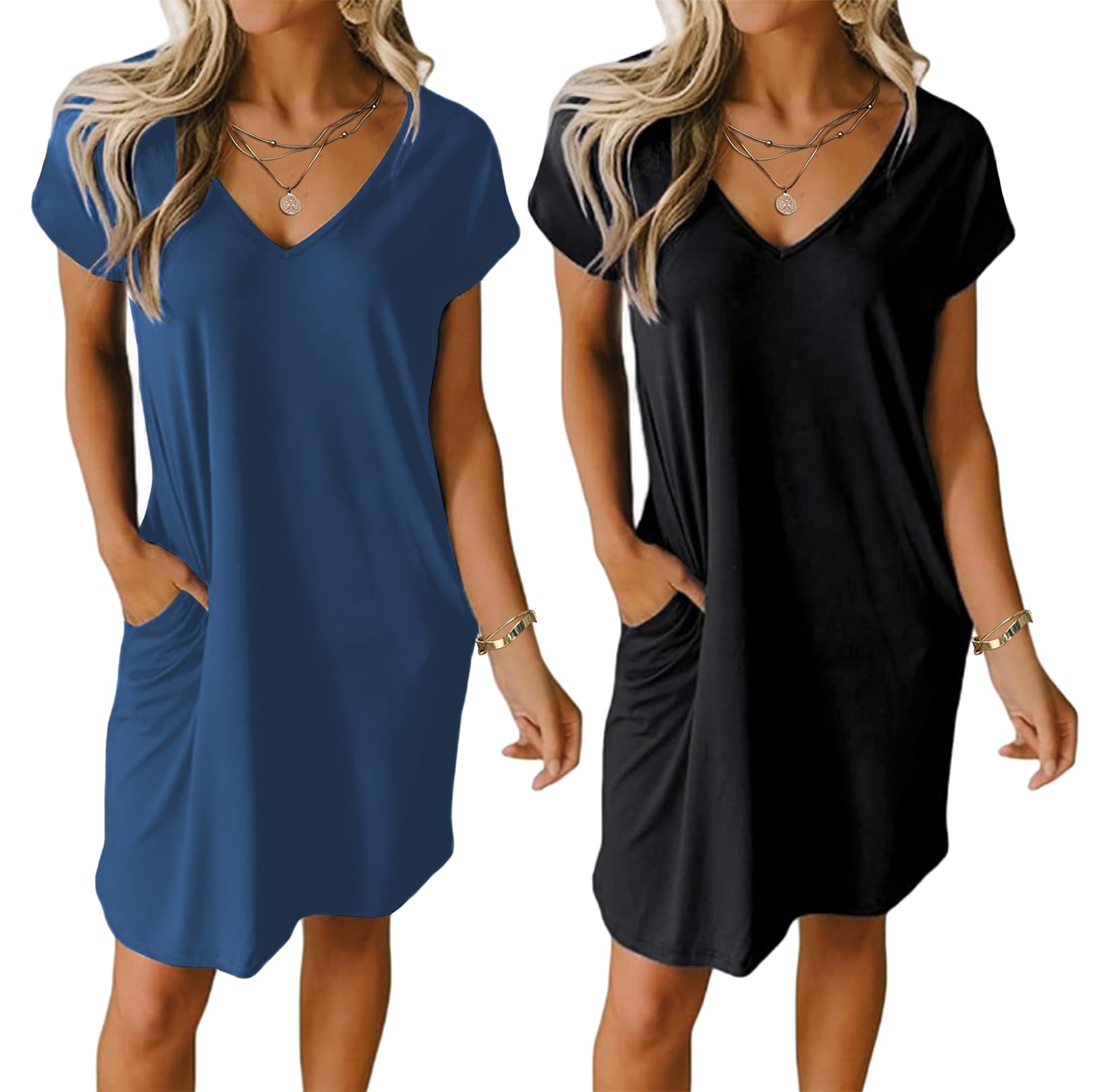 Ekouaer Womens 2 Pack Nightgown V Neck Sleepshirt Short Sleeve Nightshirt Plain/Floral Pajama Dress with Pockets