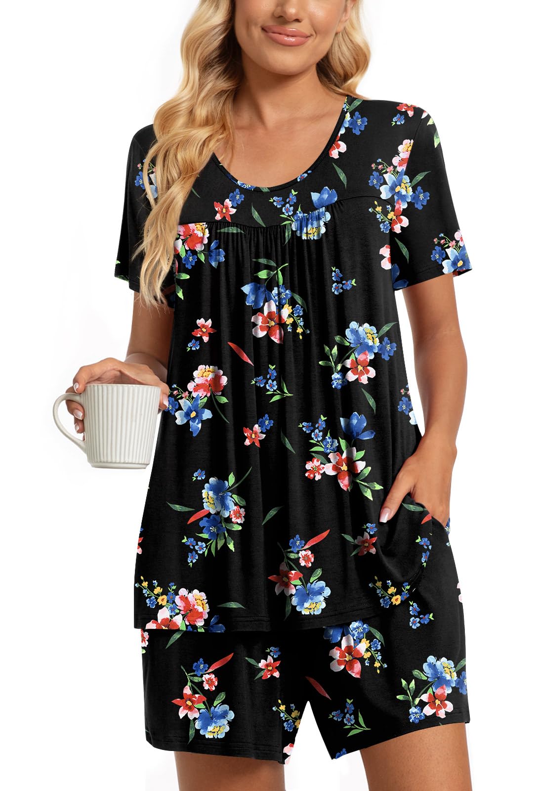 TAOHUADAO 2 Piece Women's Short Sleeve Pajama Sets, Lounge Sleepwear Ladies Pjs Sets with Pockets