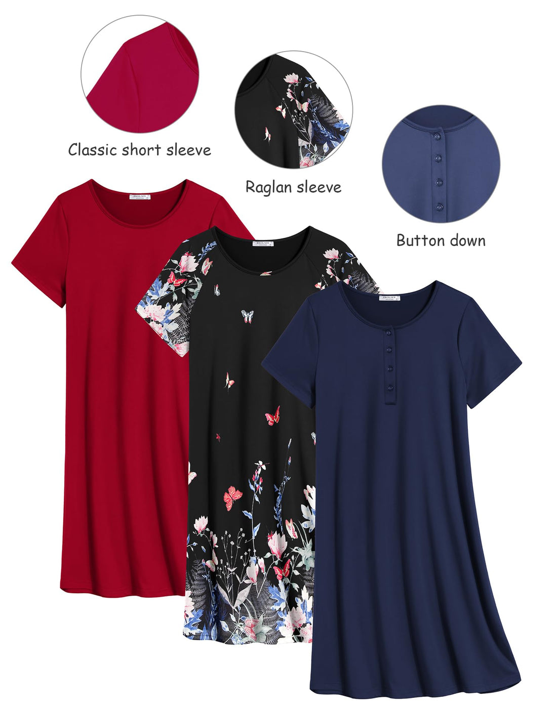 Ekouaer 3 Pack Nightgowns for Women Short Sleeve Sleepshirt Button Down Nightshirt Soft Pajamas Dress Casual Sleepwear