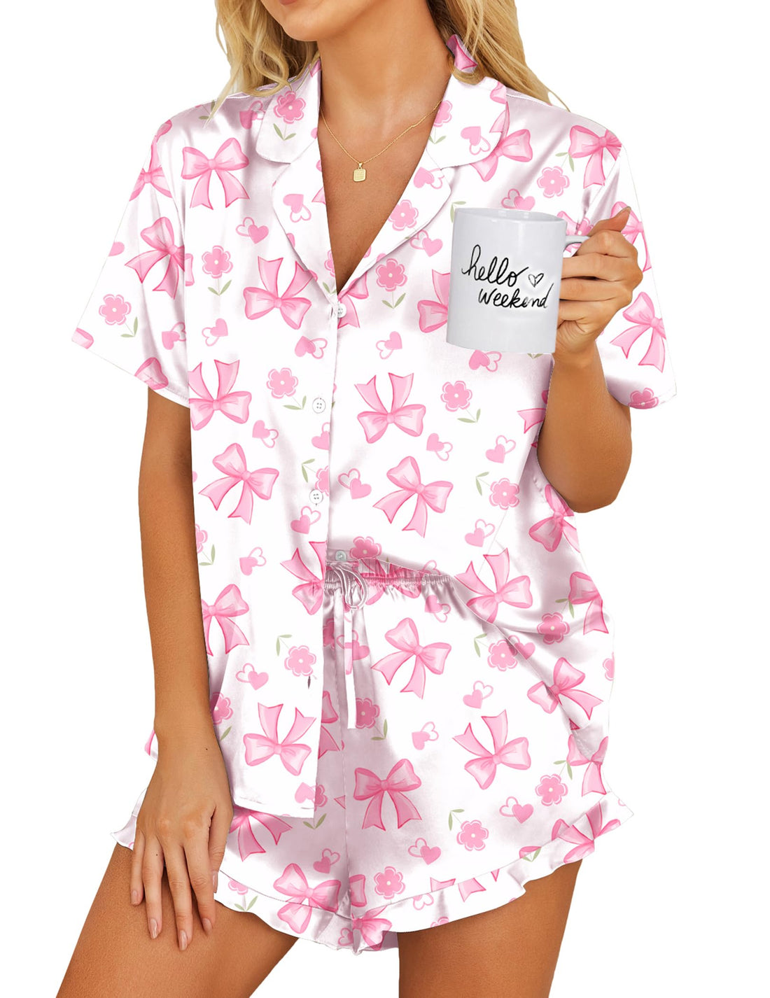 Ekouaer Womens Satin Pajamas Set Button Down 2 Piece Silk Pjs Shorts Set Ruffle Lingerie Notch Collar Sleepwear