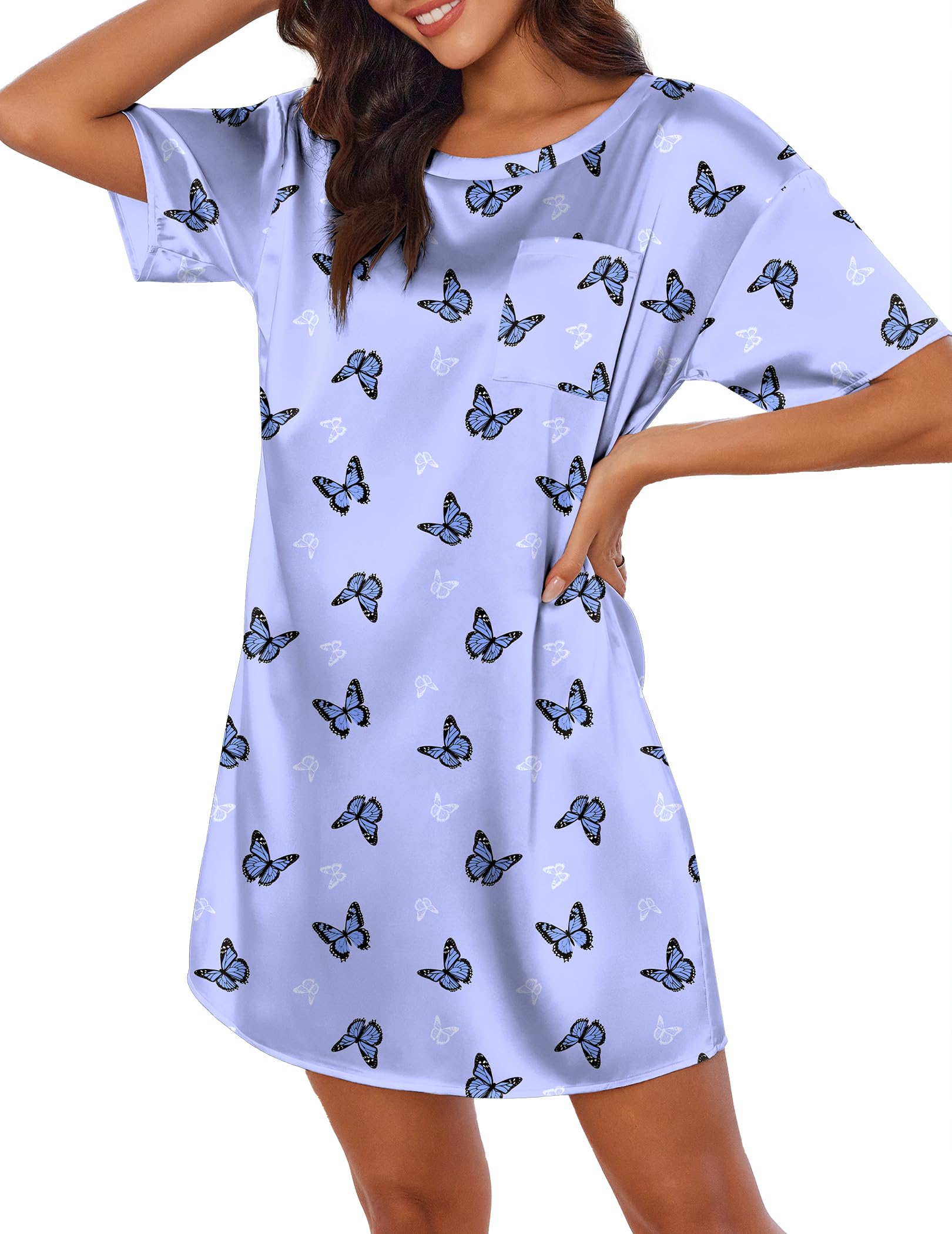 Ekouaer Silk Sleep Shirts for Women Satin Nightshirt Tshirt Nightgown Short Sleeve Round Neck Sleepwear with Pocket S-2XL