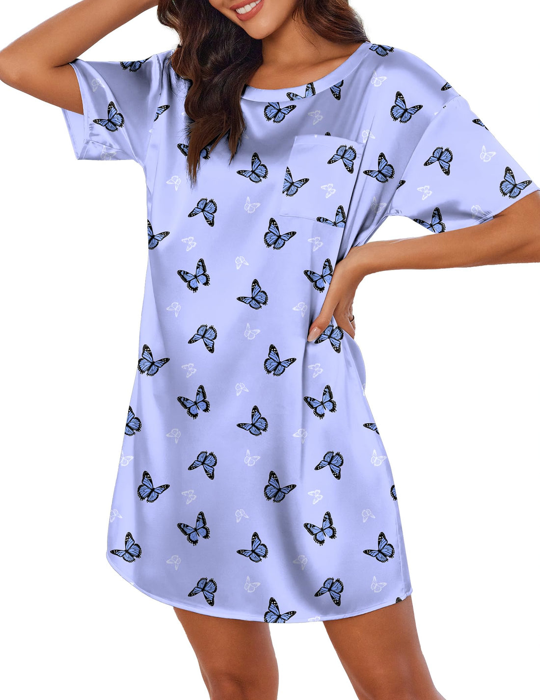 Ekouaer Silk Sleep Shirts for Women Satin Nightshirt Tshirt Nightgown Short Sleeve Round Neck Sleepwear with Pocket S-2XL