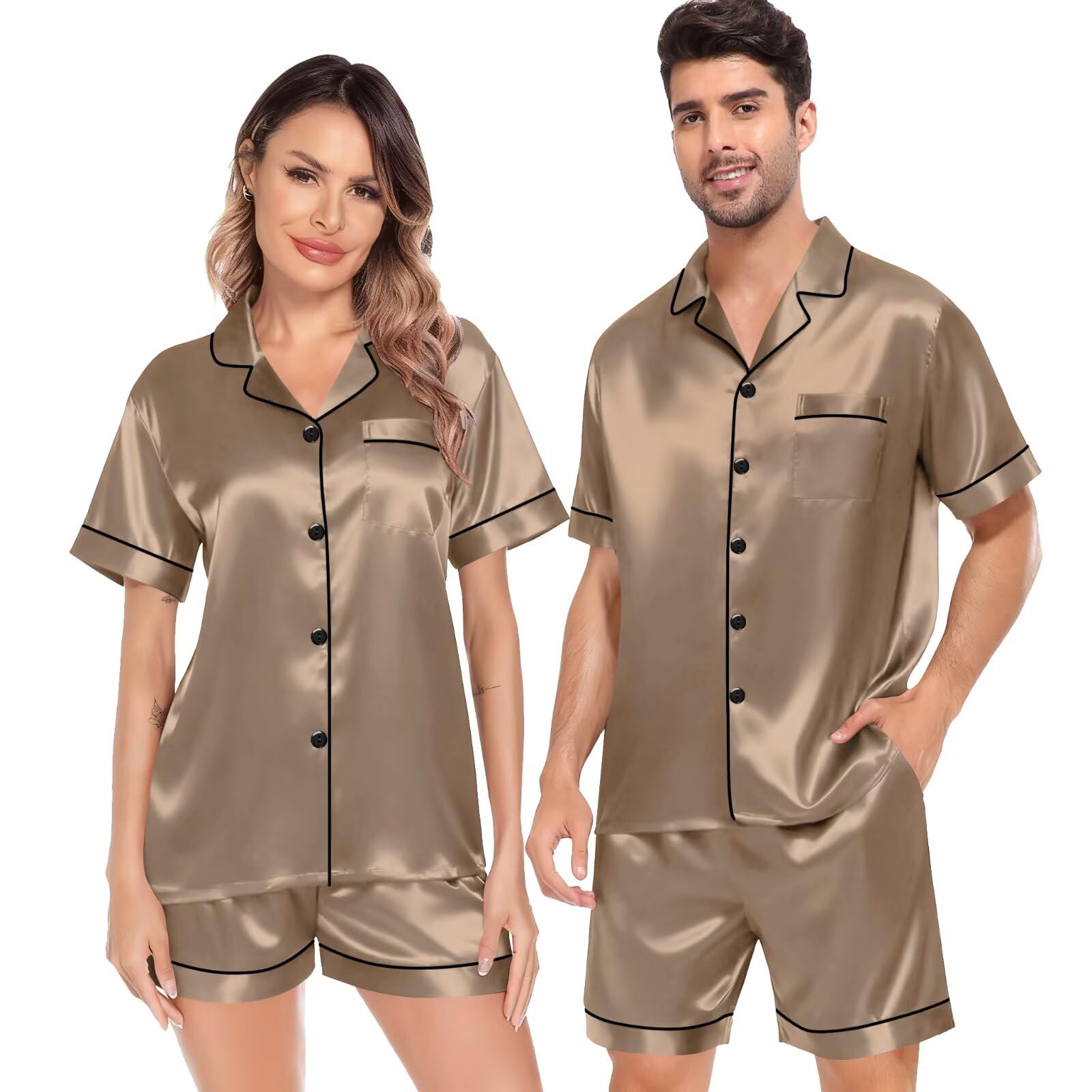 SWOMOG Satin Matching Pajamas Sets Couple Silk Button Down Nightwear Women & Men Short Sleeve Sleepwear 2 Pieces Loungewear