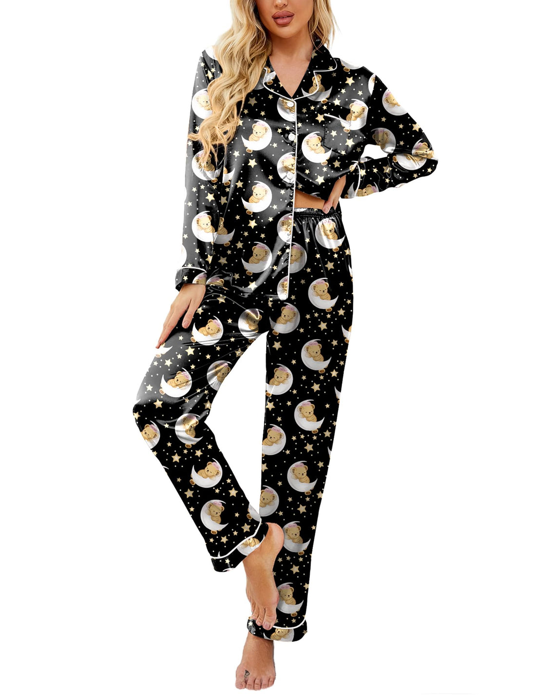 Ekouaer Womens Satin Silky Pajama Set Classic Pattern Button Down Pjs Set | Soft Fabric, Long Sleeve Notch Collar with Contrast Piping, Chest Pocket, Gifting Sleepwear WEBE CLOTHING