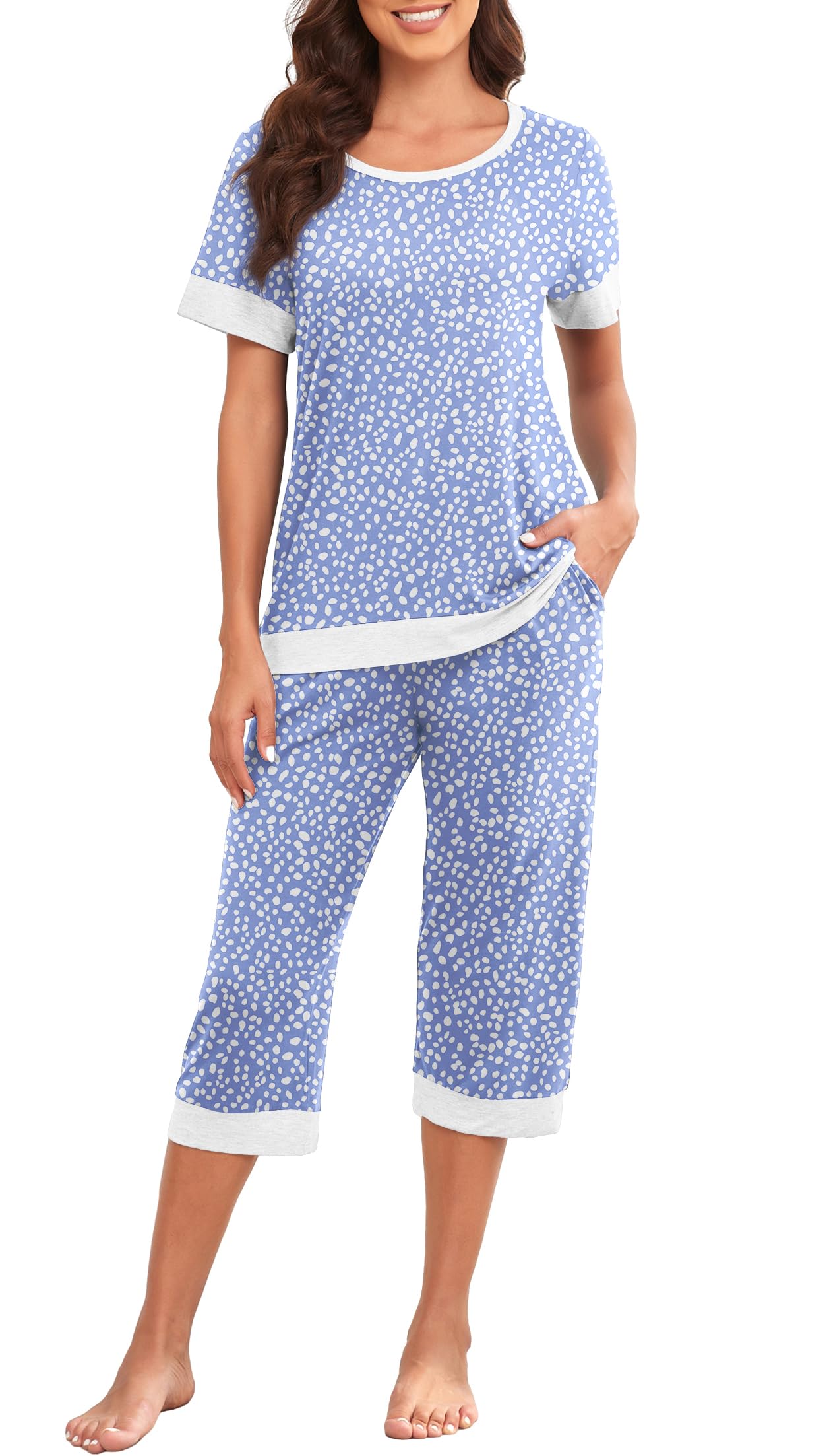 PrinStory Women's Pajama Set Short Sleeve Shirt and Capri Pants Sleepwear Pjs Sets Lounge Set WEBE CLOTHING