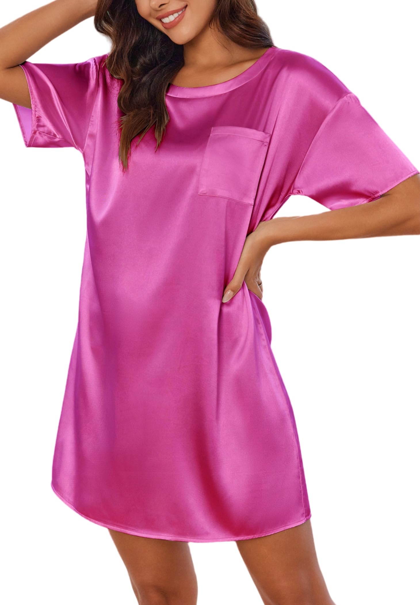 Ekouaer Silk Sleep Shirts for Women Satin Nightshirt Tshirt Nightgown Short Sleeve Round Neck Sleepwear with Pocket S-2XL