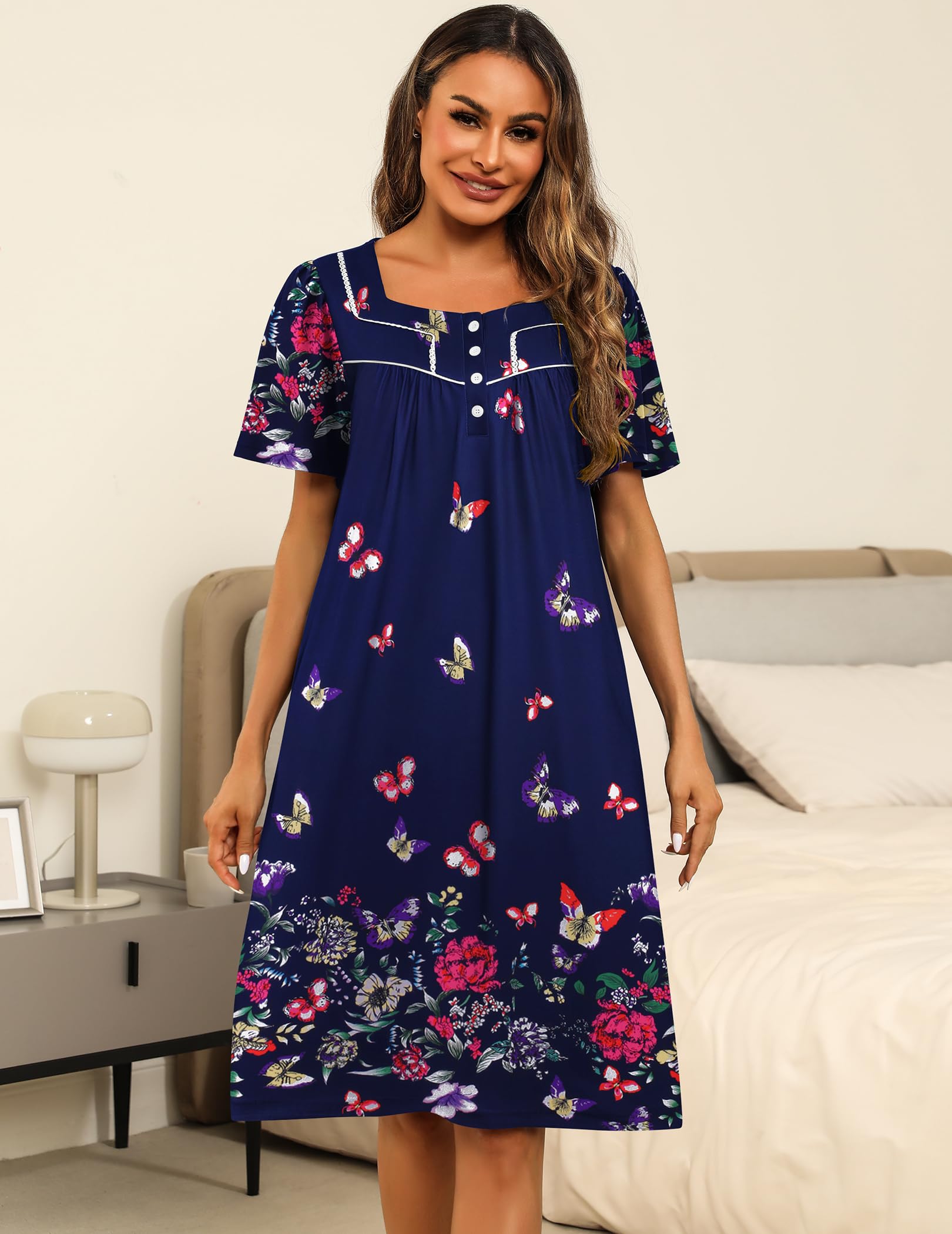 Ekouaer Women's House Dress with Pockets Moomoo Dresses Short Sleeve Mumu Nightgown Lounge Dress Button Down Sleepwear WEBE CLOTHING