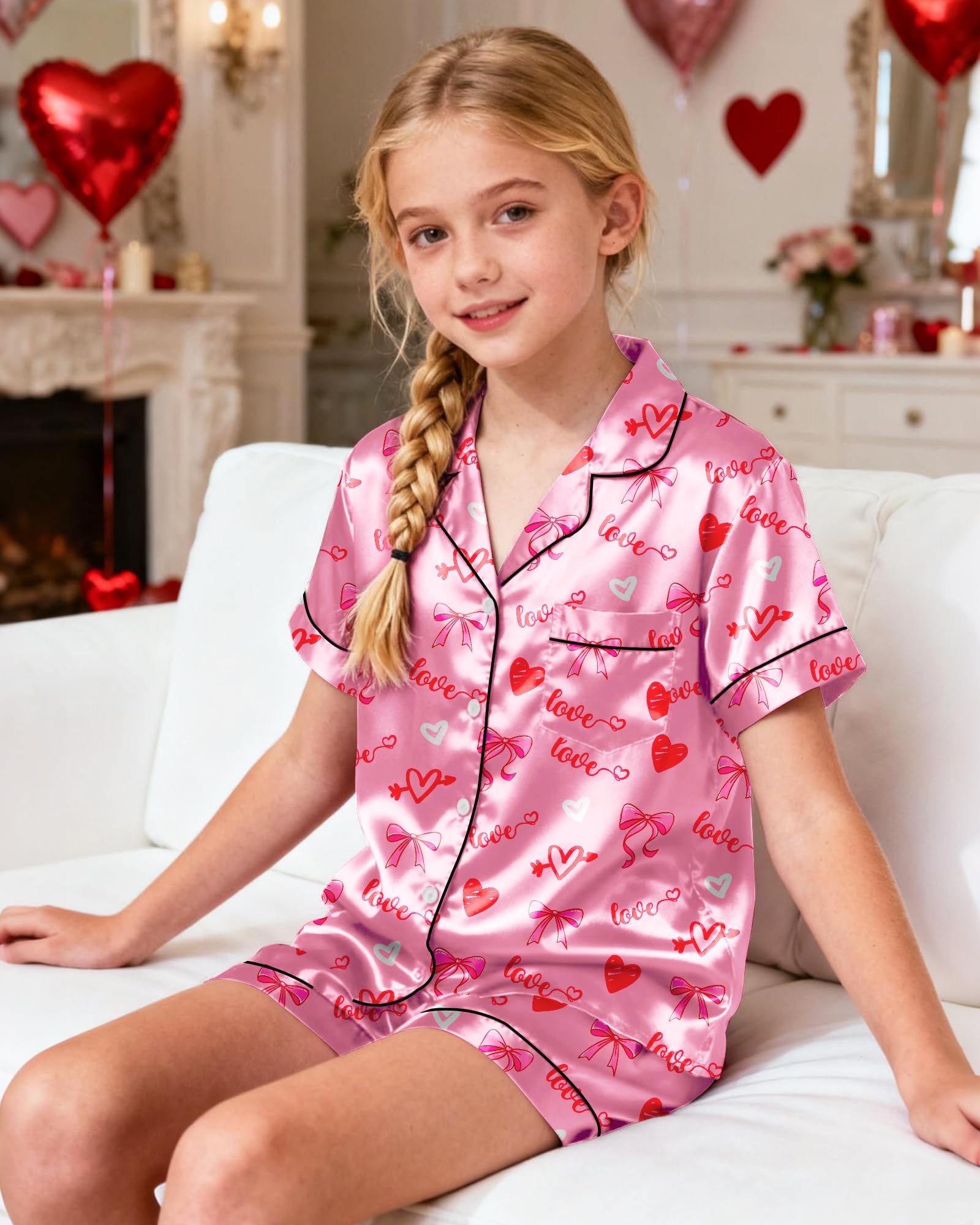 Sylfairy Girls Pajamas Silk PJS Set Pink Bow Satin Sleepwear Short Sleeve Jammies for Kids Button-Down Nightwear size 7-14