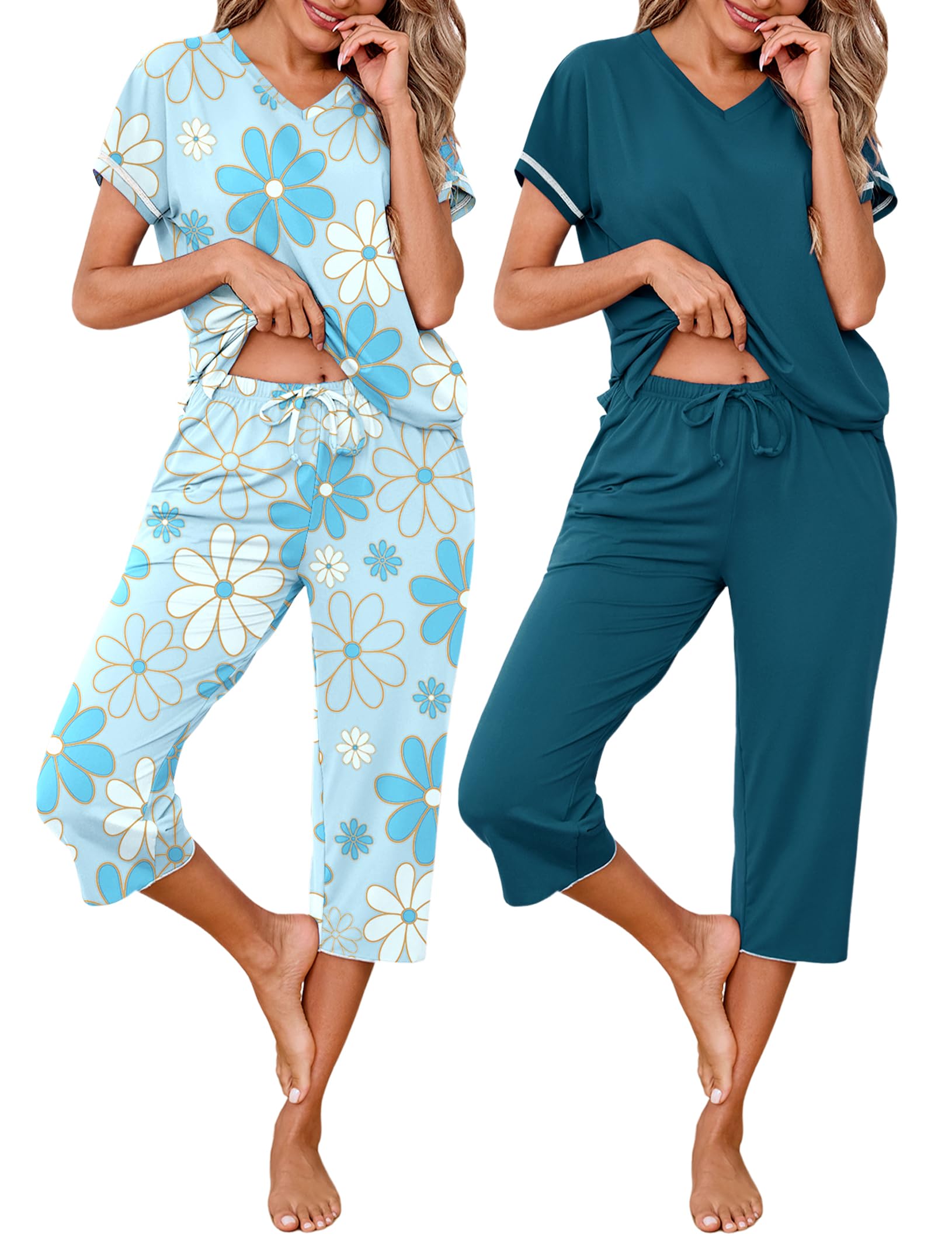 Marvmys Womens 2 Pack Pajama Sets Short Sleeve Sleepwear Capri Pants Pjs | Pockets, Lightweight, Cooling Pyjamas, Nightwear Comfy for Daily Wear, Pajams sets, Sleep, Travel, Wife, Mom WEBE CLOTHING