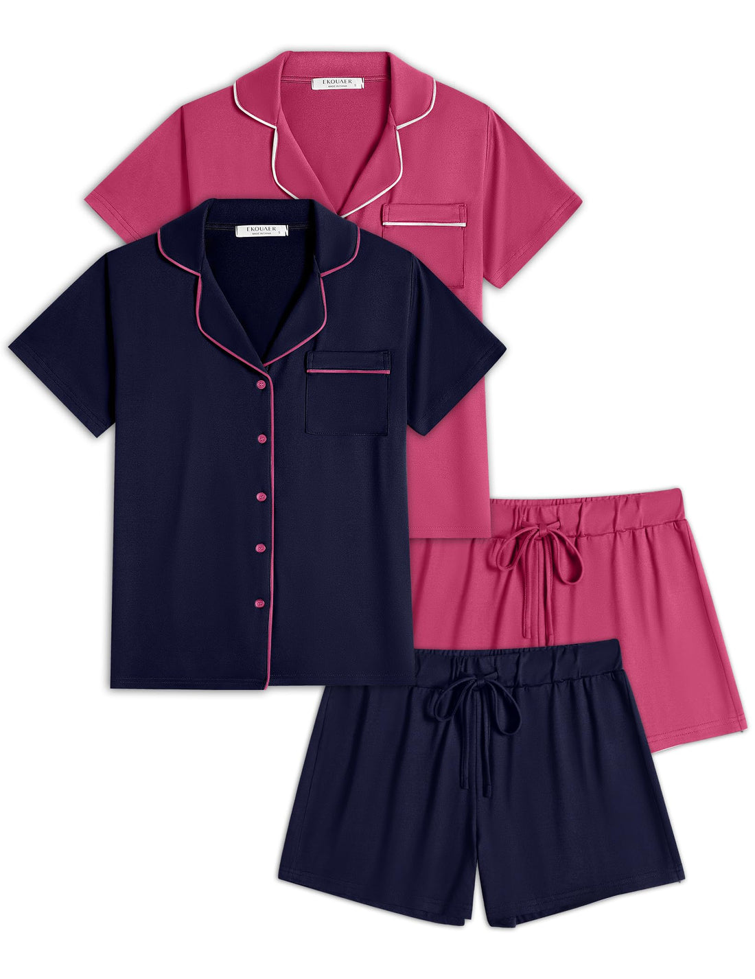 Ekouaer Womens Pajamas Set 2 Pack Button Down Summer Sleepwear Short Sleeve Comfy Pjs Loungewear Set