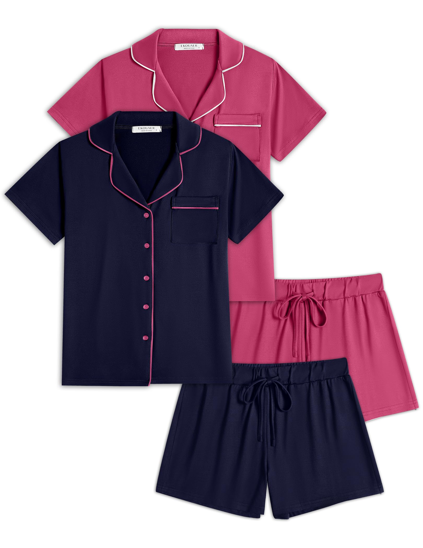 Ekouaer Womens Pajamas Set 2 Pack Button Down Summer Sleepwear Short Sleeve Comfy Pjs Loungewear Set