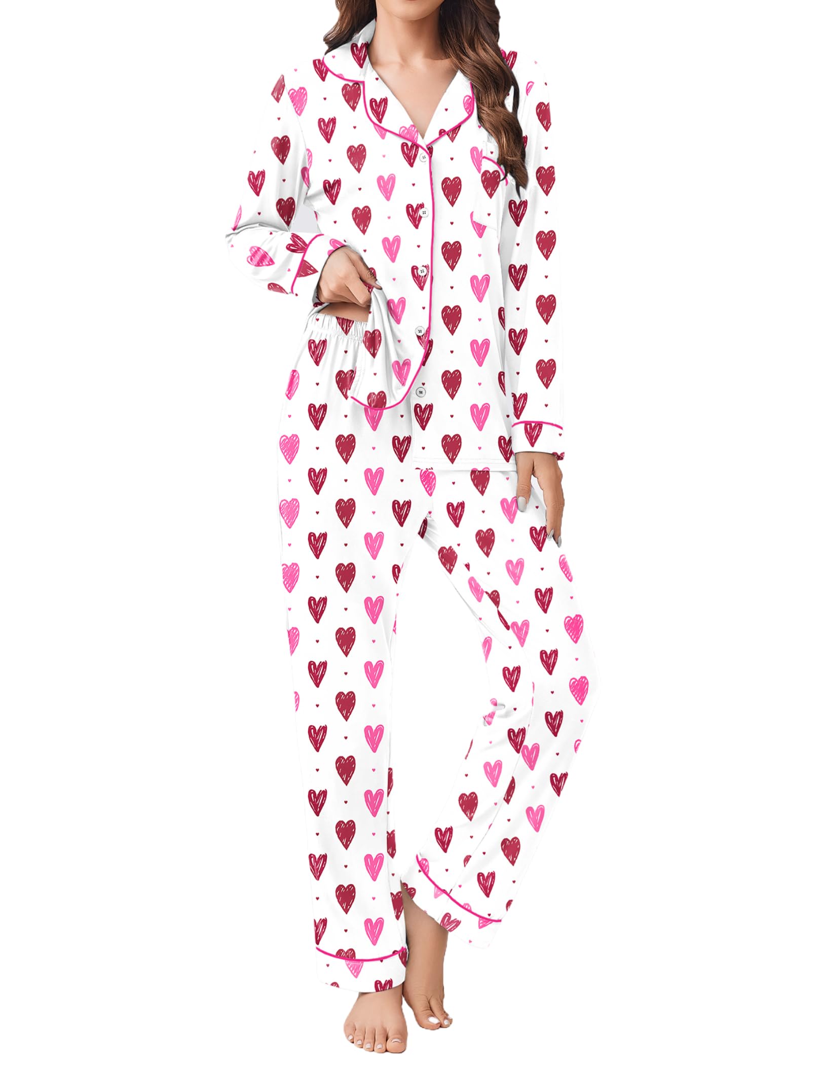 Ekouaer Womens Pajamas Set 2 Piece Button Down Pjs Soft Long Sleeve Top and Pants Sleepwear Set Lounge Sets