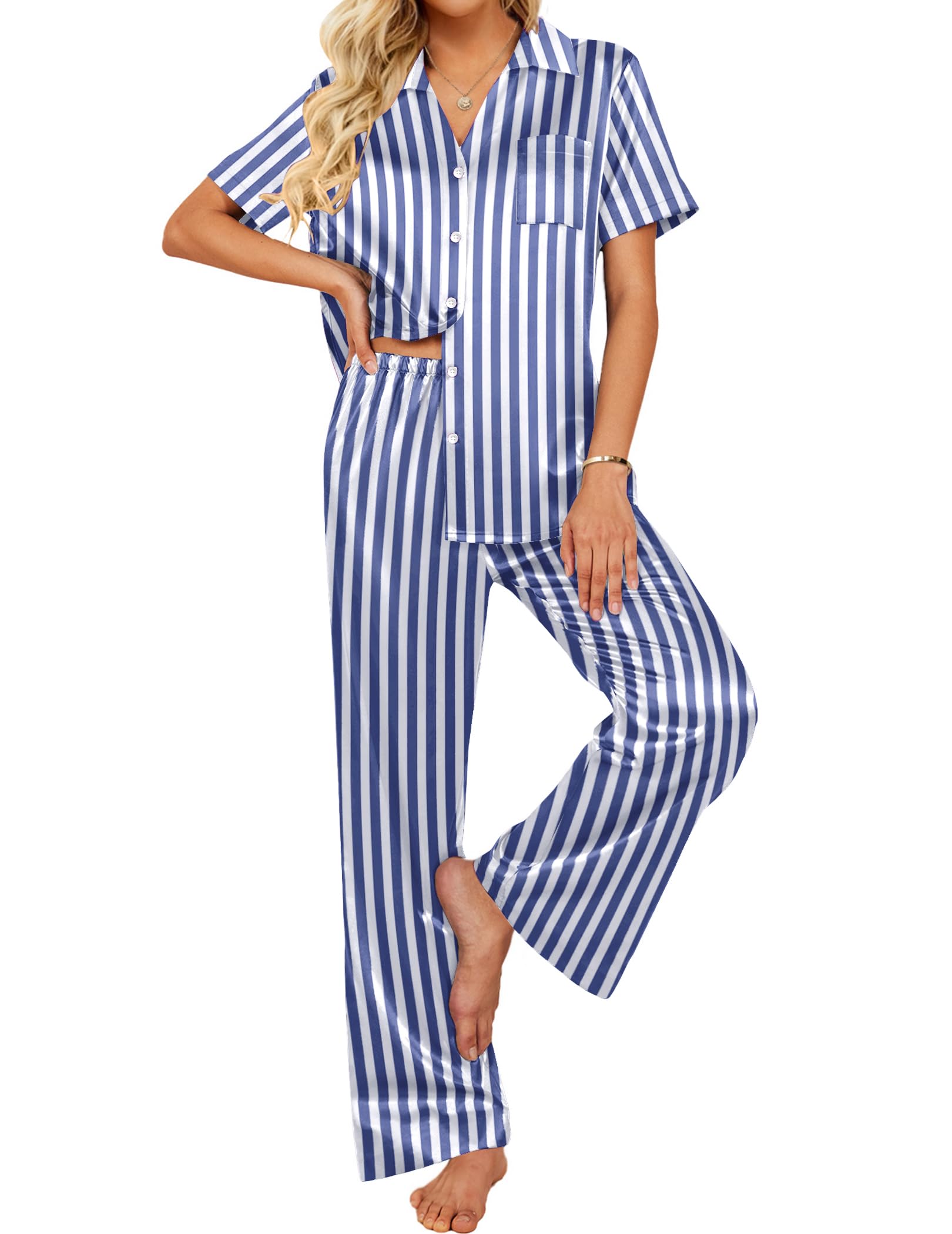 Ekouaer Silk Pajamas for Womens Set 2 Piece Satin Pjs Soft Button Down Sleepwear Wide Leg Long Pants with Pockets