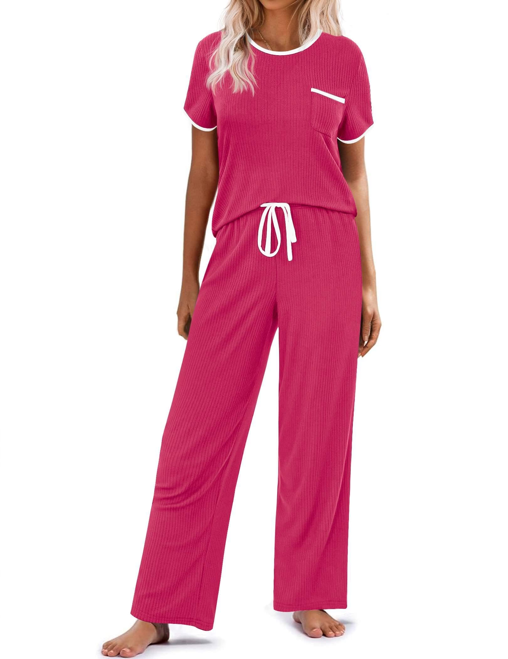 Ekouaer Women Lounge Pajamas Sets Ribbed Knit PJ Short Sleeve and Long Pajama Pant Soft 2 Piece Sleepwear Loungwear Set