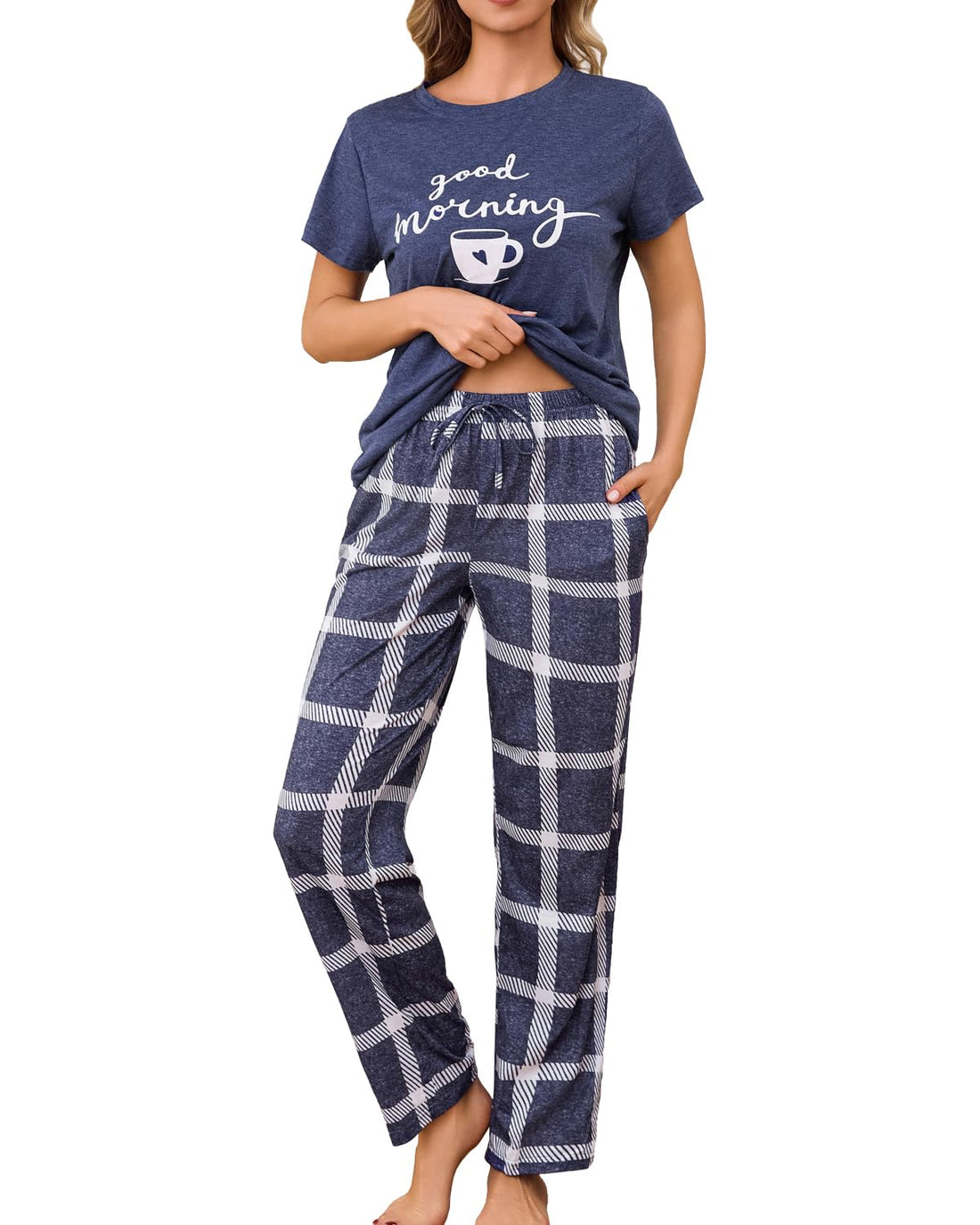 difficort Womens Pajama Sets Short Sleeve Pjs Tops with Long Pants Sleepwear Lounge Set with Pocket WEBE CLOTHING