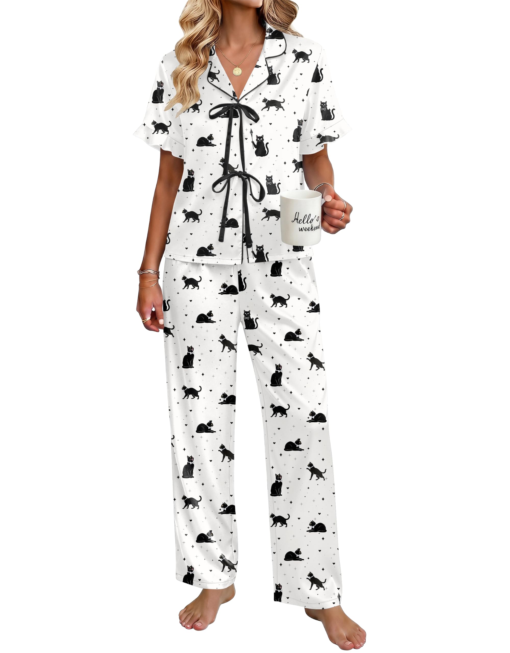 Ekouaer Womens Satin Pajama Sets Silky Tie Front Ruffle Pjs Sets Sleepwear | Soft lightweight satin fabric; tie-front top with ruffle cuffs, ideal for loungewear, bridal party and vacation wear WEBE CLOTHING