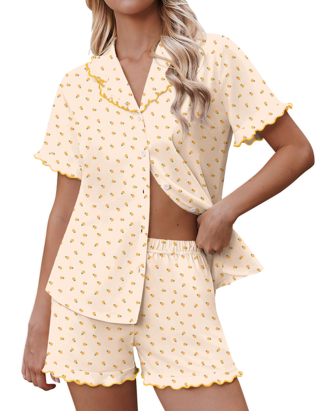 Ekouaer Pajamas for Women Sets Cute Pjs Button Down 2 Piece Short Sleeve Ruffle Lounge Set Sleepwear WEBE CLOTHING