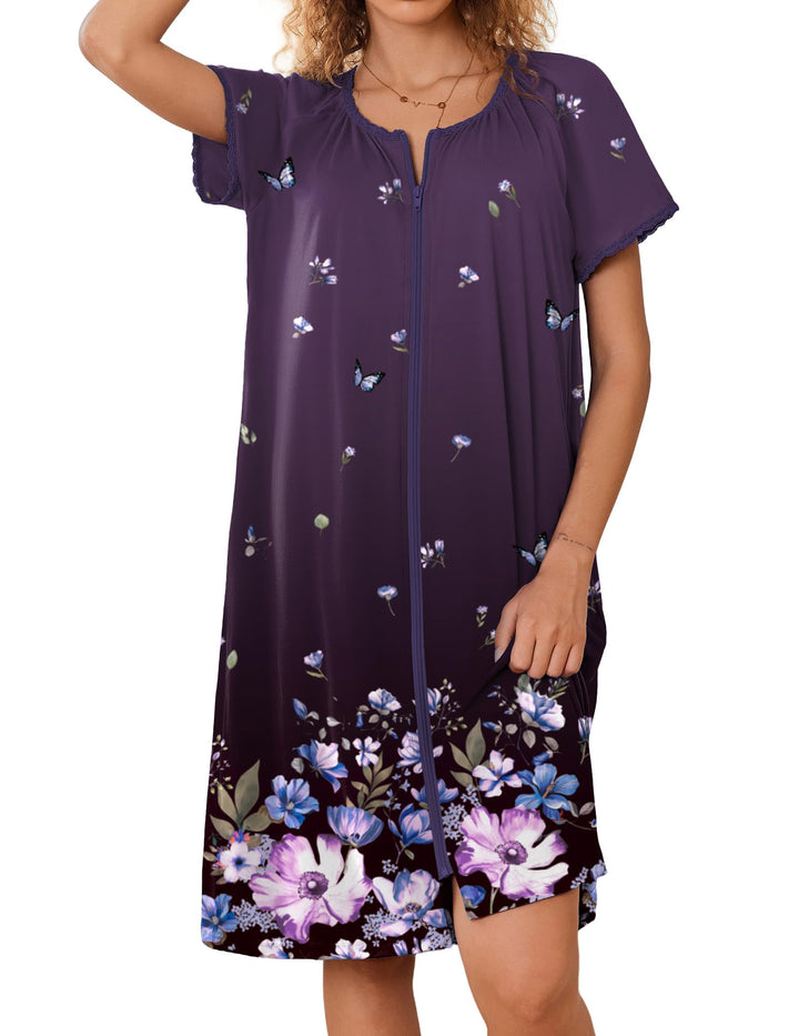 Ekouaer Zipper Robes for Women Short Sleeves Knit Bathrobes Knee Length Soft Lace Trim Loungewear with Pockets S-3XL WEBE CLOTHING