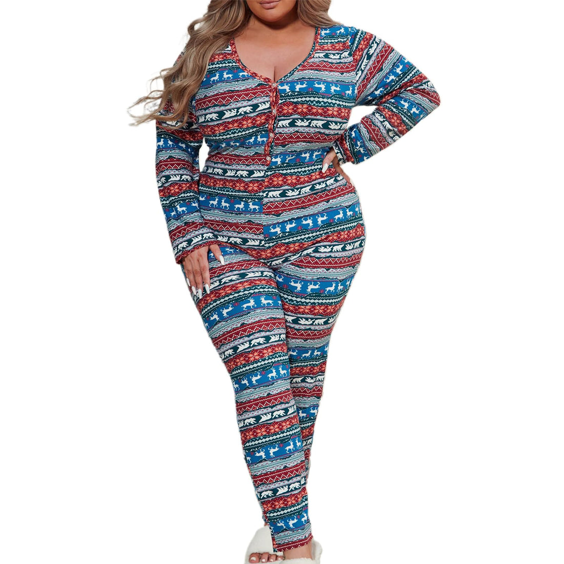 Women Christmas Long Sleeve Stripe Heart One Piece Pajamas Bodycon Jumpsuit Button Neck Sleepwear WEBE CLOTHING