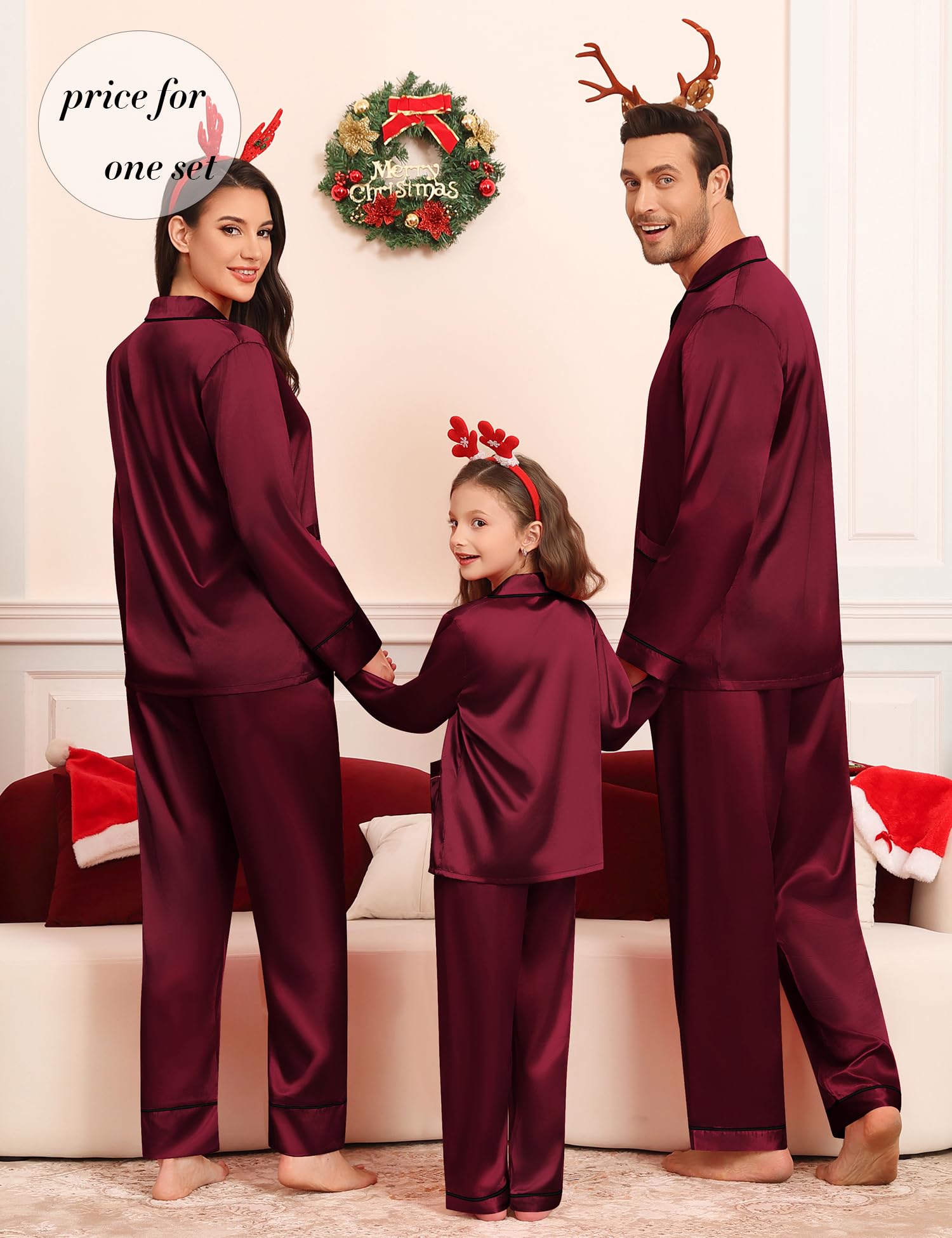 SWOMOG Matching Family Pajamas Set Women & Men & Kids Silk Satin Pjs 2 Pcs Long Sleeve Button Down Sleepwear with 2 Pockets