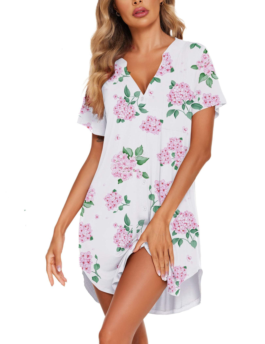 Ekouaer Women V Neck Button Down Nightgown
