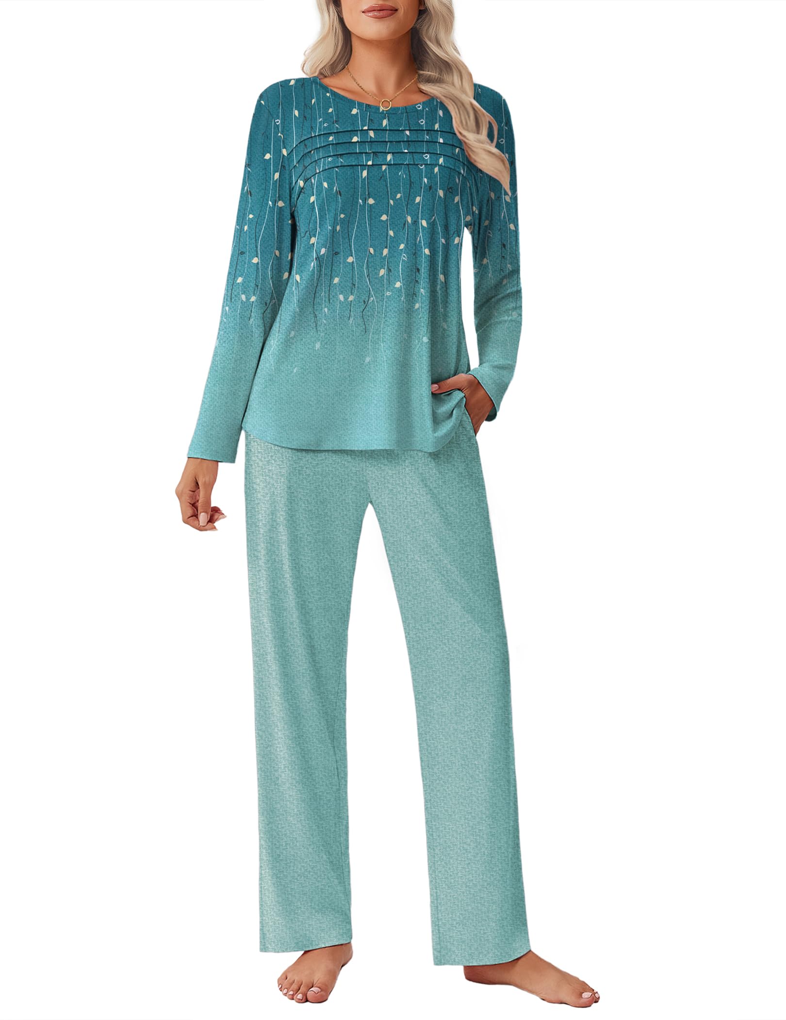 Ekouaer Womens Pajama Sets Pleated Tops with Long Pants Lounge Set Long Sleeve Fall Sleepwear Ladies Pjs S-XXL