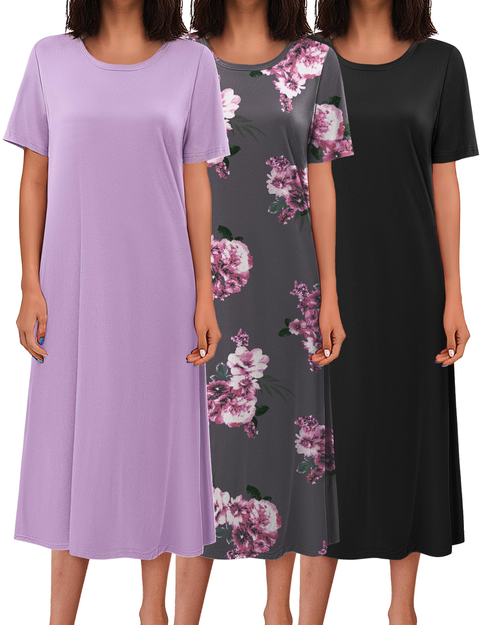 Ekouaer 3 Pack Long Nightgowns for Women Full Length Short Sleeve Nightshirt Soft Plus Size Sleepwear Casual Loungwear WEBE CLOTHING
