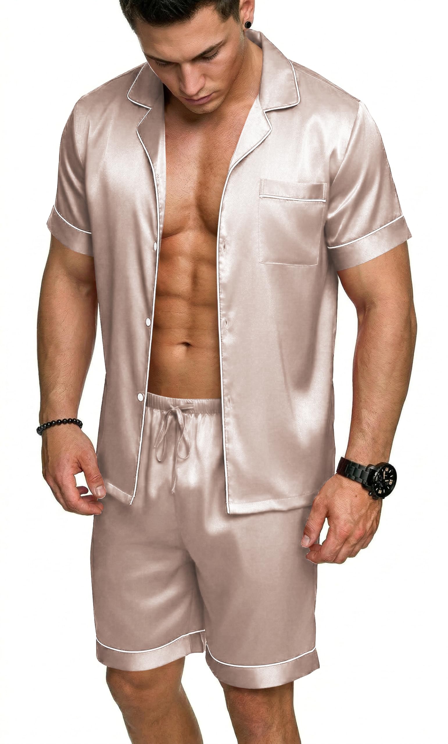 Ekouaer Mens Silk Satin Pajamas Set, Short Sleeve Sleepwear Lightweight Button Up Lounge Pjs Set with Pockets S-4XL WEBE CLOTHING
