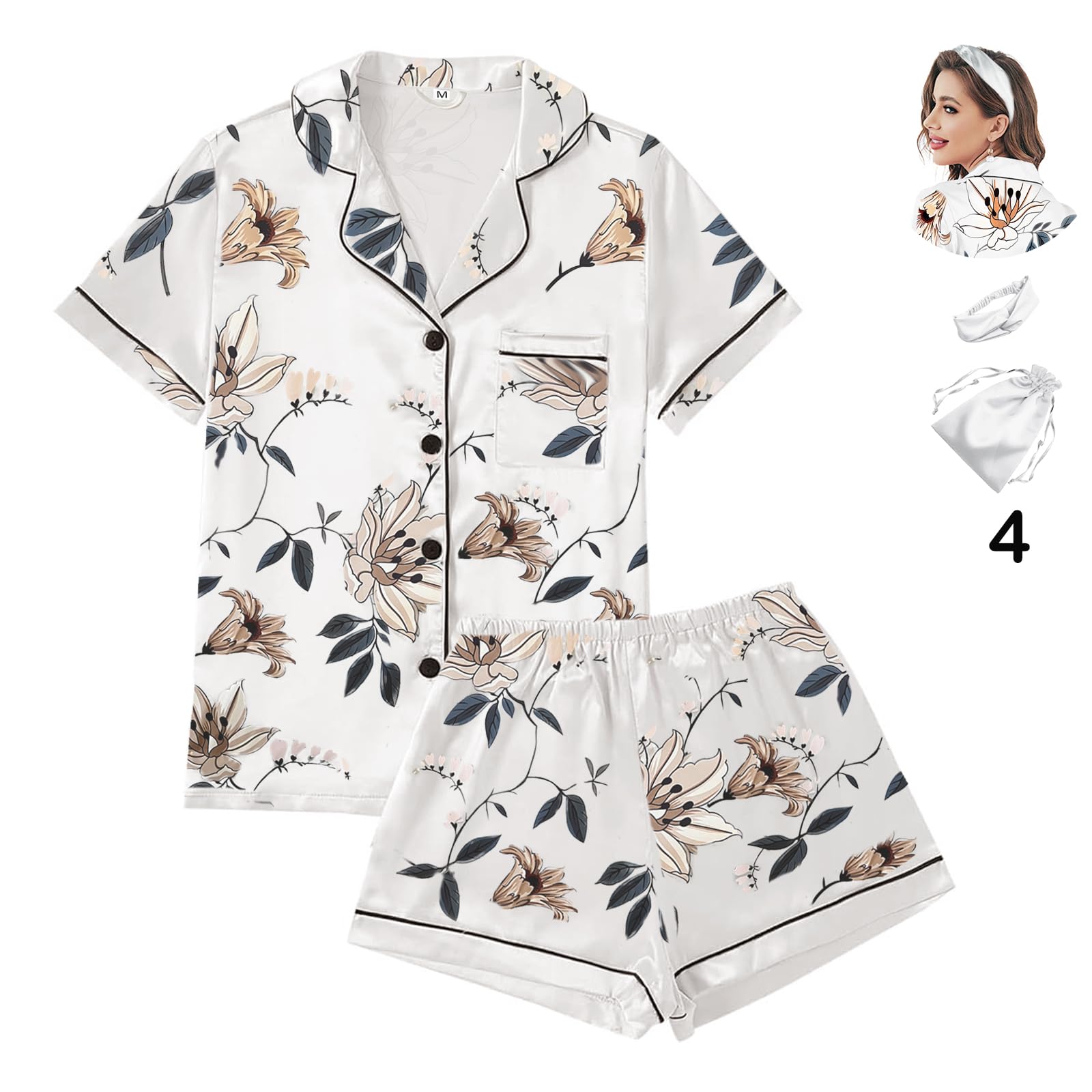 WJing Yi Jia 4Pcs Womens Satin Silky Pajama Sets Short Sleeve Shirt XS-4XL Floral Pajamas Set Soft PJ Loungewear Sleepwear