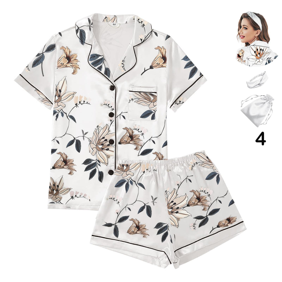 WJing Yi Jia 4Pcs Womens Satin Silky Pajama Sets Short Sleeve Shirt XS-4XL Floral Pajamas Set Soft PJ Loungewear Sleepwear